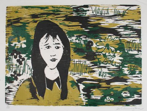 Woman With Flowers<br>1960-70s Woodcut<br><br>#71292