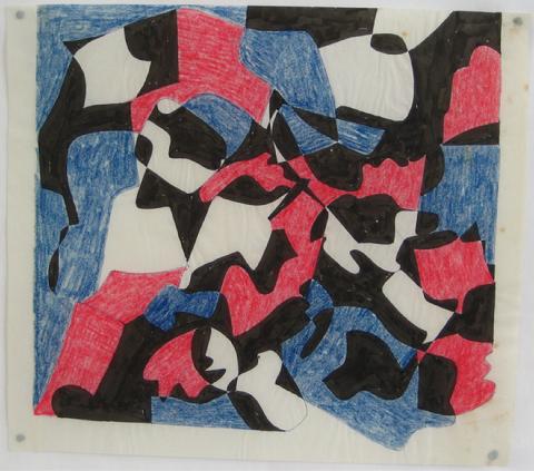 Red & Blue Geometric Study<br>1970s Ink & Colored Pencil<br><br>#7655