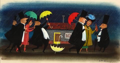 Revelry in the Rain<br>Mid Century Gouache & Ink<br><br>#7770