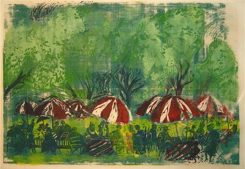 Diners Under Umbrellas<br>1972 Woodcut<br><br>#8806