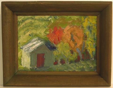 Mid Century Scene wth House<br>Oil on Board<br><br>#4238
