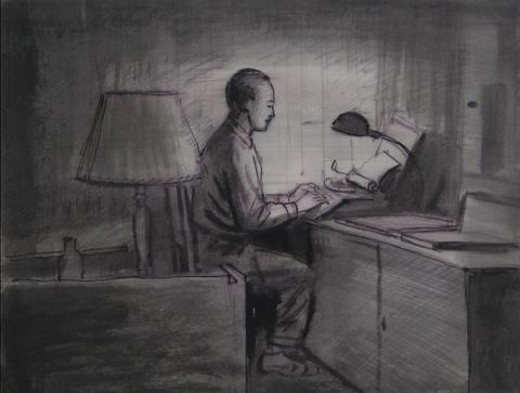 <i>At The Typewriter</i><br>1920-40s Ink Interior Scene<br><br>#9583