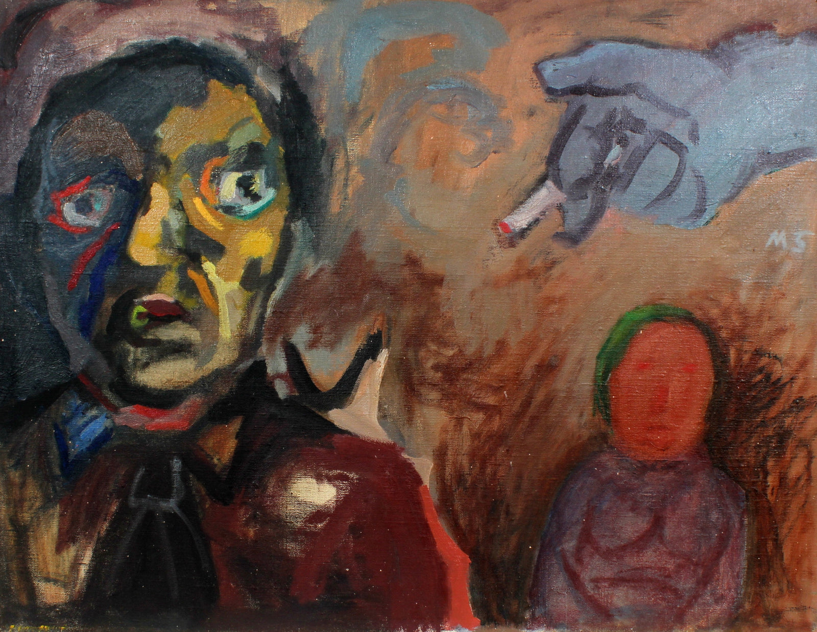 Mid Century Expressionist Figure Scene <br>1940s Oil <br><br>#50213