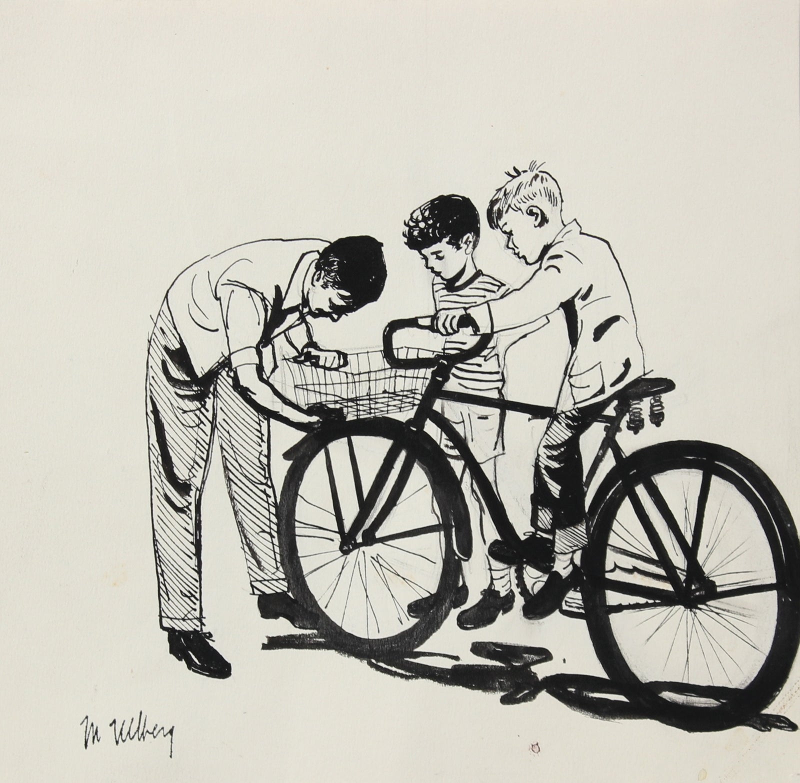 Monochromatic Boys with a Bike<br>Ink, 1946-54<br><br>#5214