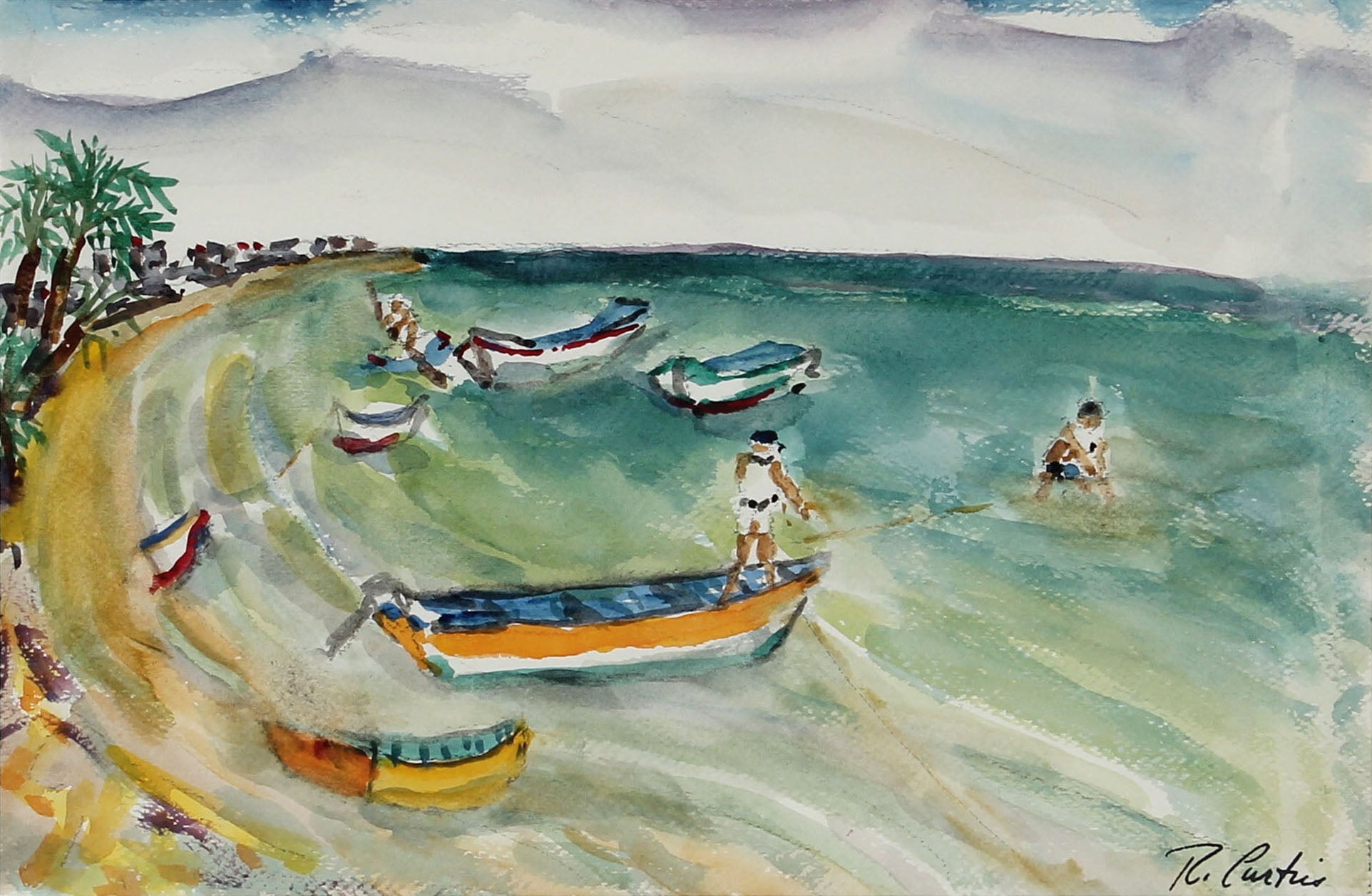 Swimmers At The Beach<br>Mid Century Watercolor<br><br>#5364
