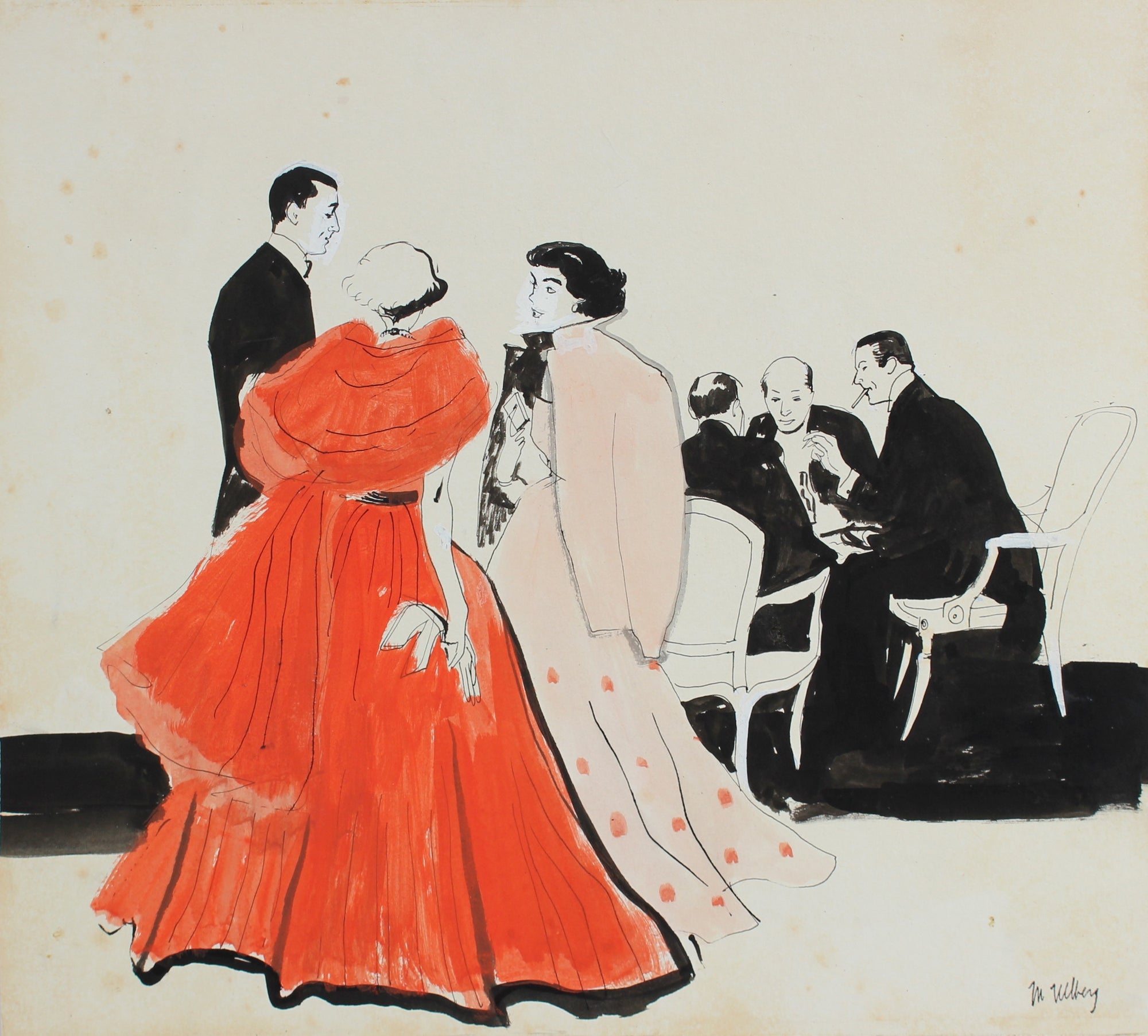 Elegant Woman in Red, Party Scene<br>Ink & Gouache, 1946-54<br><br>#5971