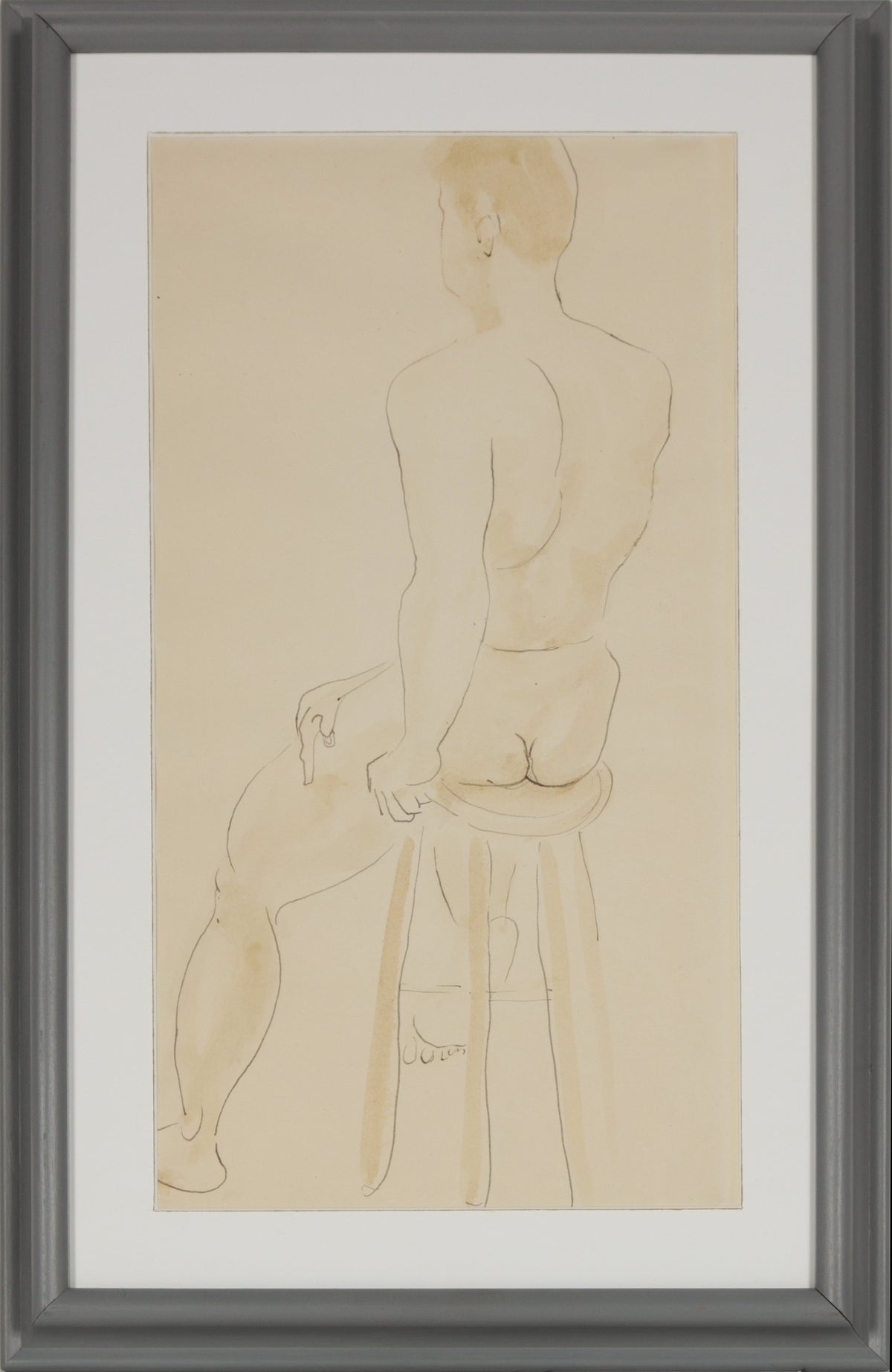 Minimal Seated Male Nude &lt;br&gt;1950s Ink &amp; Watercolor &lt;br&gt;&lt;br&gt;#6264