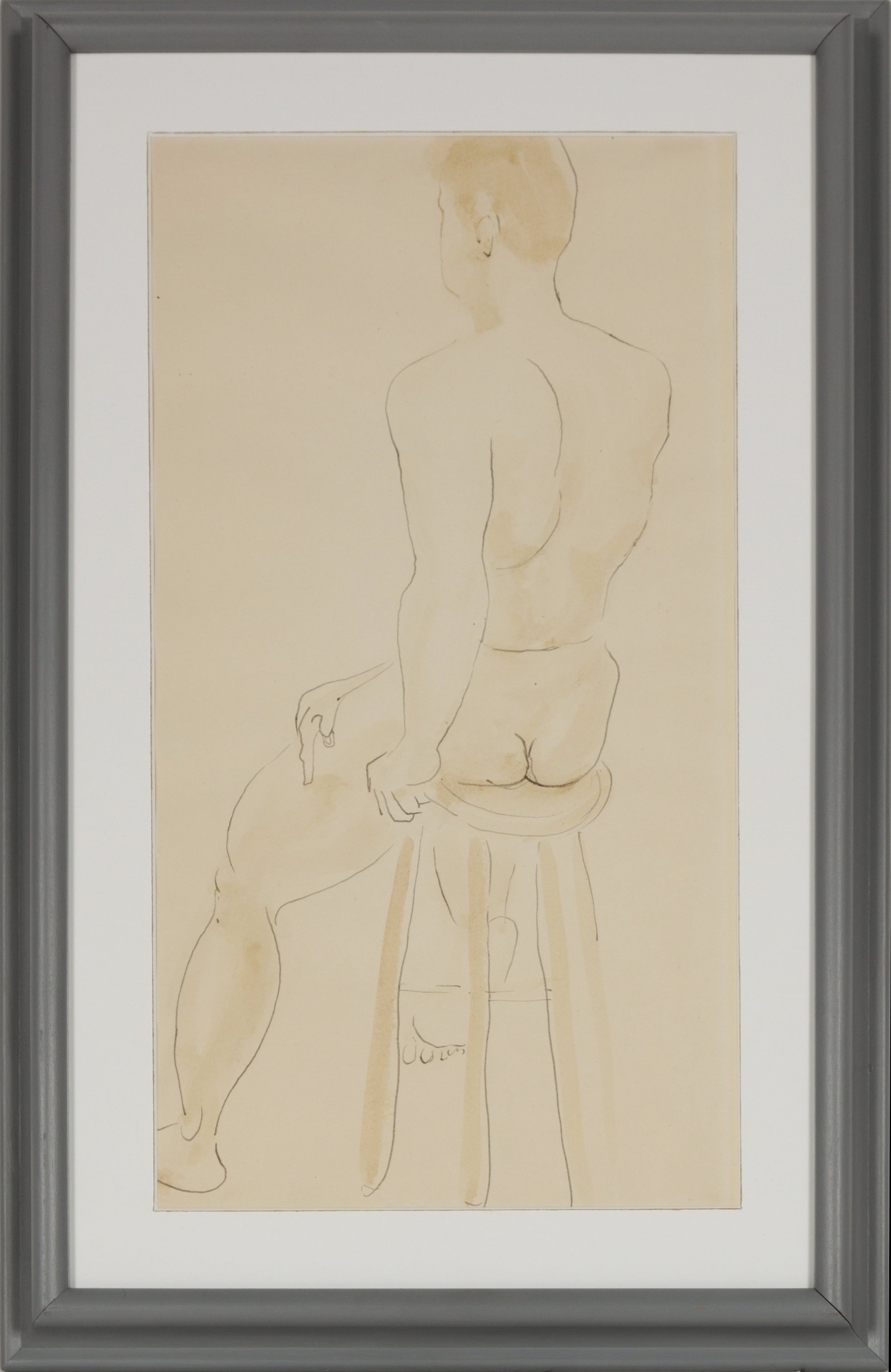 Minimal Seated Male Nude <br>1950s Ink & Watercolor <br><br>#6264