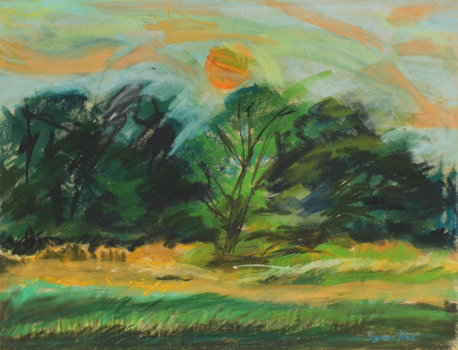 Expressionist Landscape with Sun<br>Mid-Late 20th Century Pastel<br><br>#62758