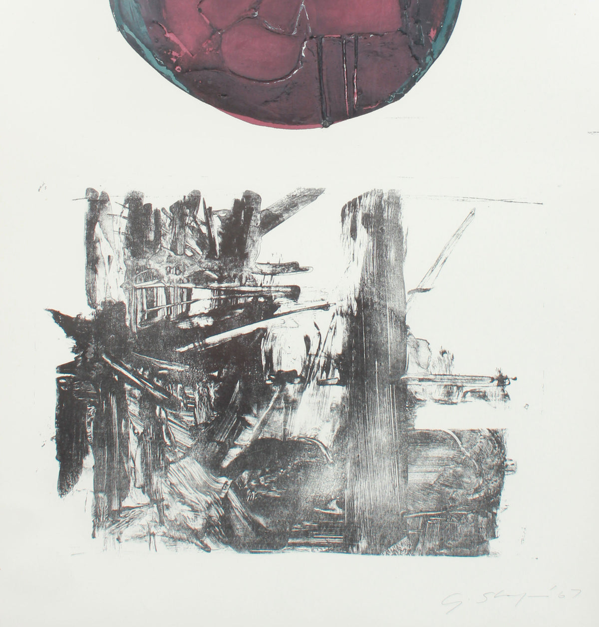 Expressionist Sun Over Waves <br>1967 Collograph <br><br>#6396