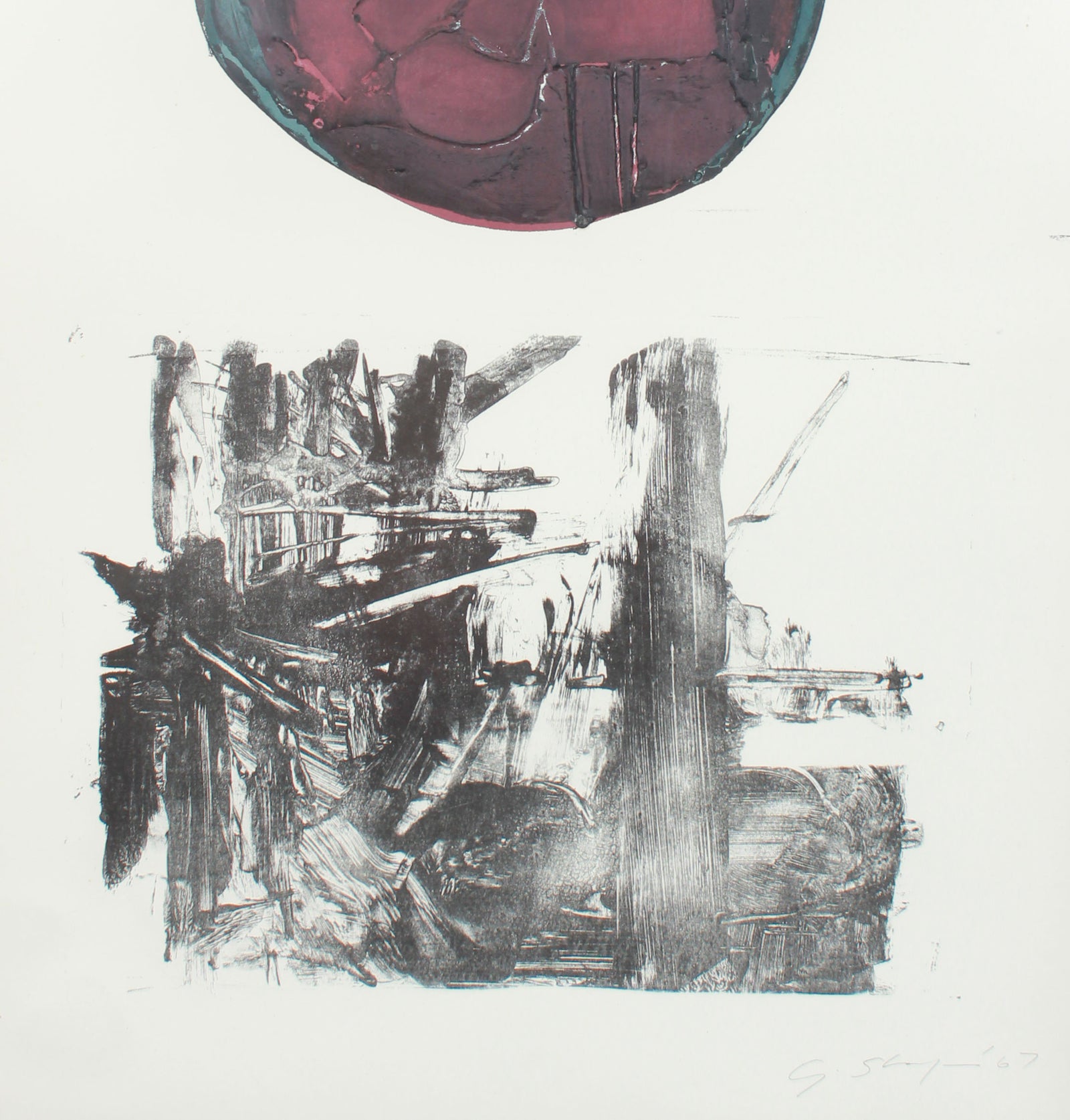 Expressionist Sun Over Waves <br>1967 Collograph <br><br>#6396