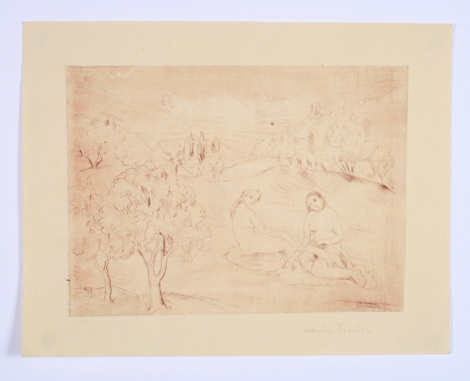 Pink-Toned Nudes in the Park<br>1920s Etching<br><br>#71193