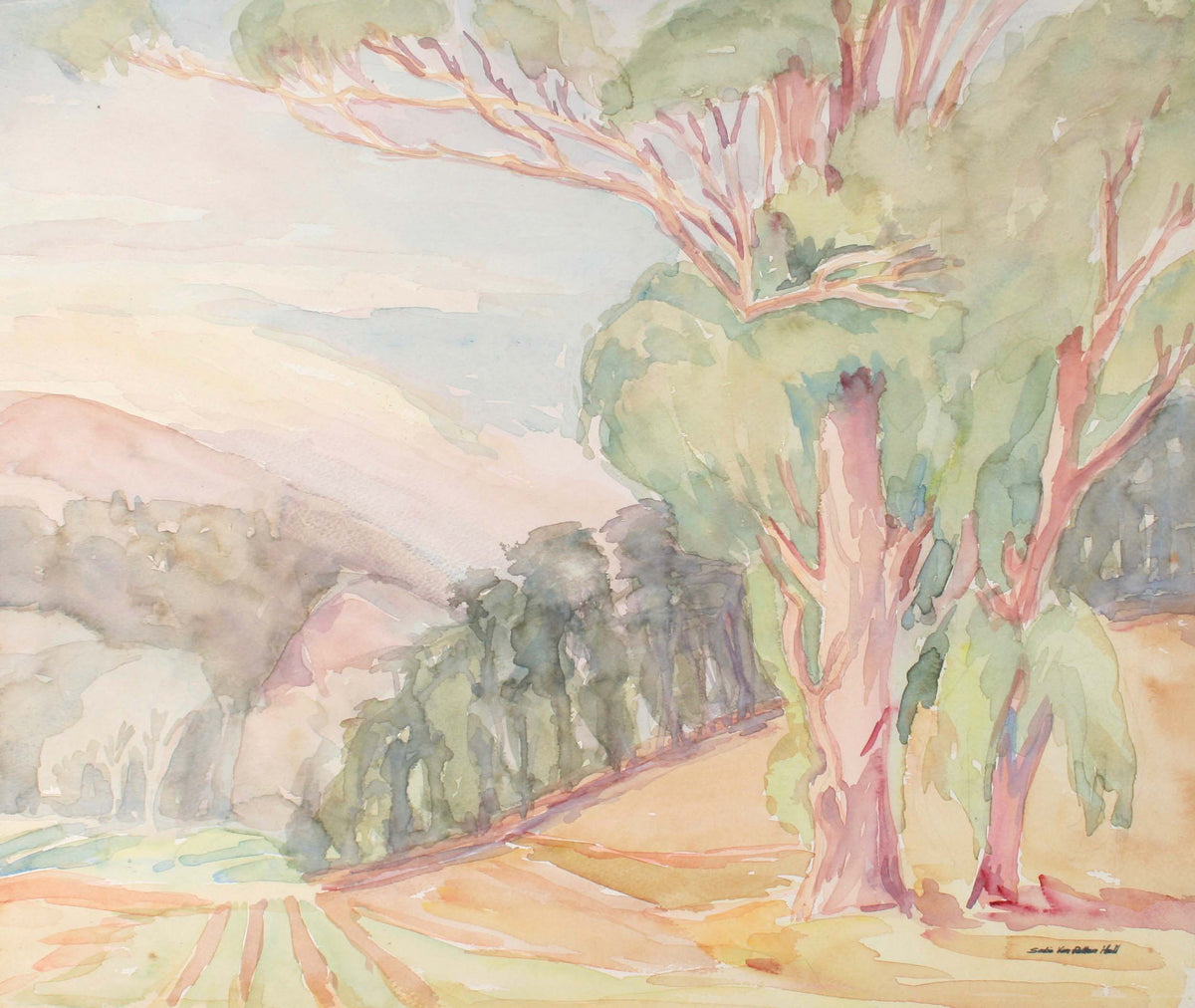 California Landscape with Trees&lt;br&gt;Mid Century Watercolor&lt;br&gt;&lt;br&gt;#72104
