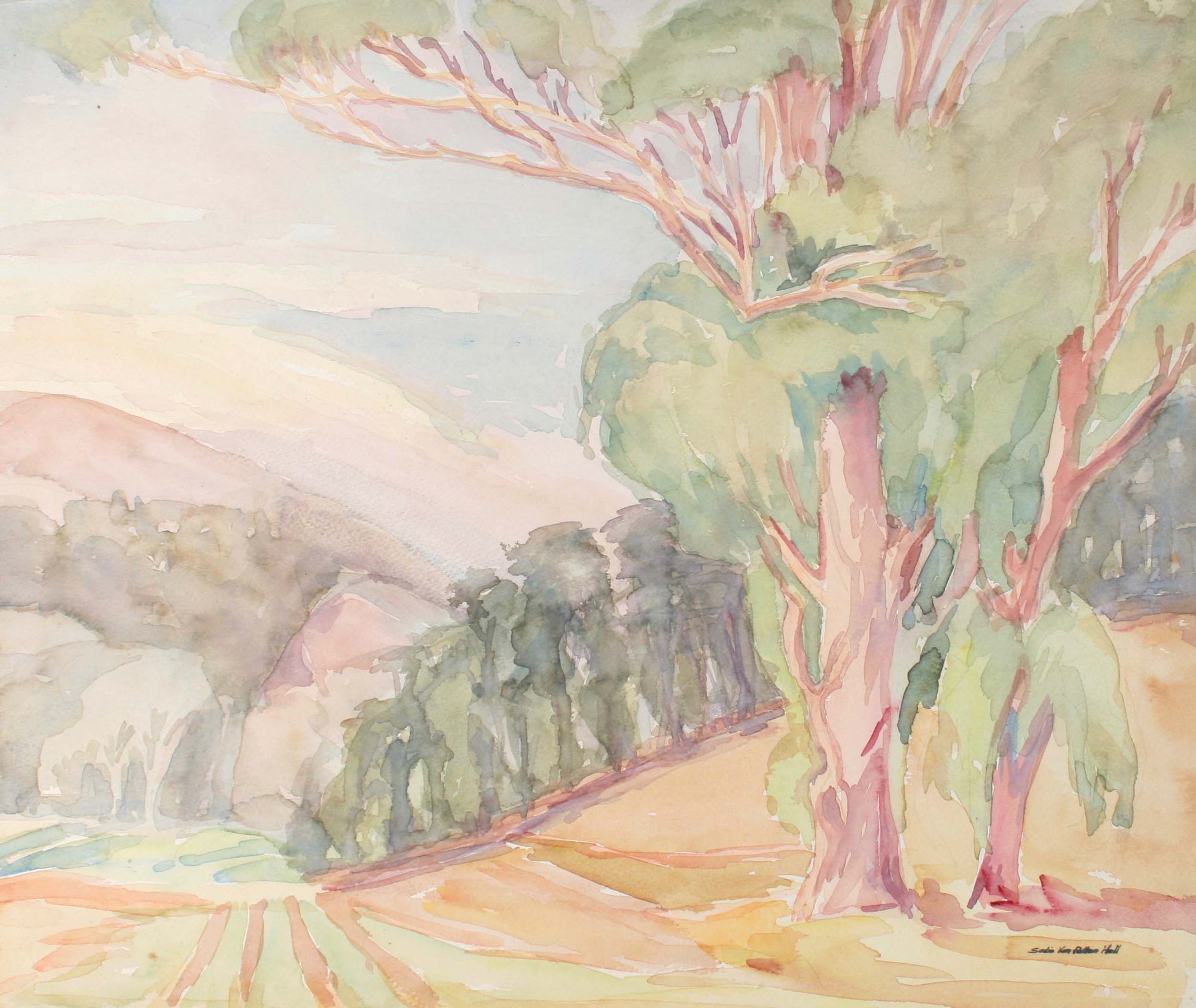 California Landscape with Trees<br>Mid Century Watercolor<br><br>#72104
