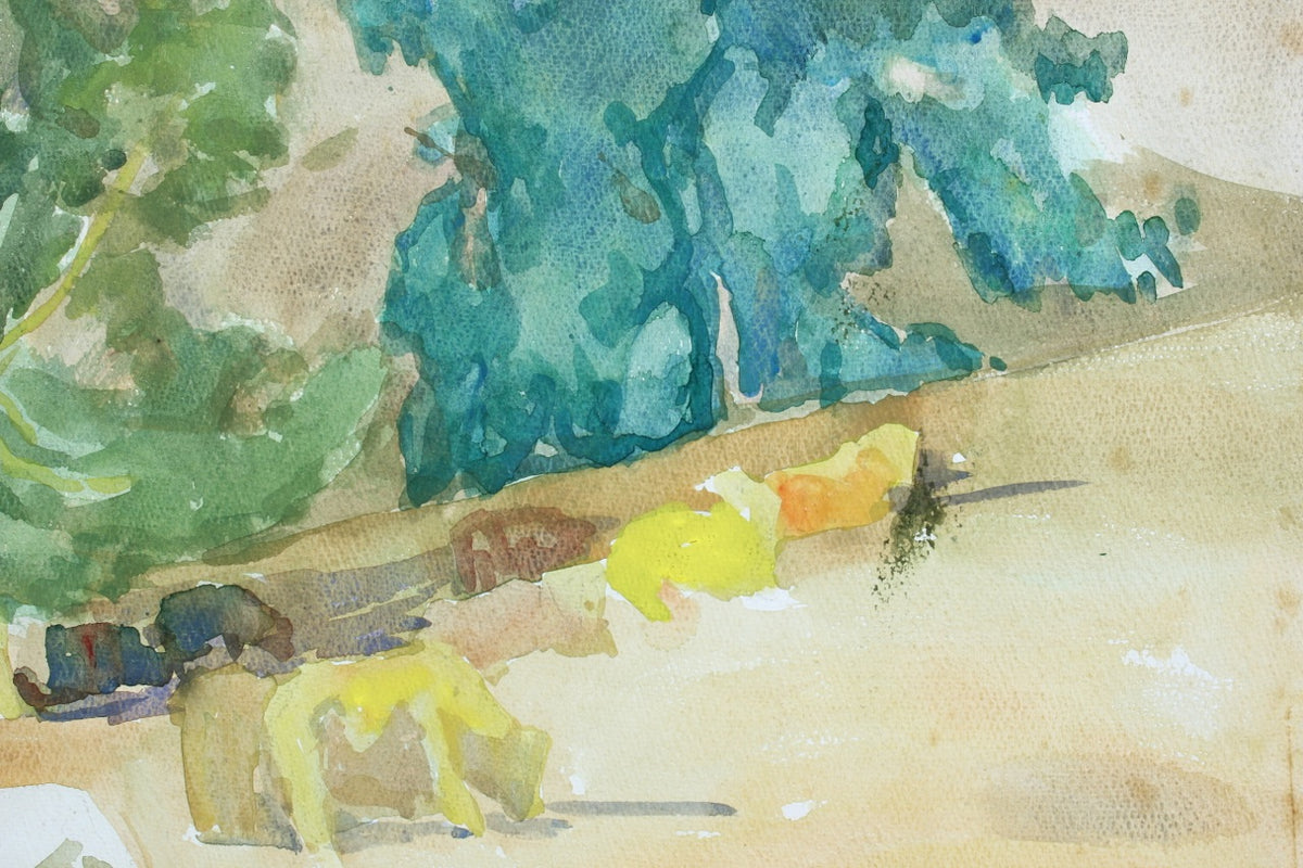 Watercolor Landscape with Cows<br>Mid Century<br><br>#88039