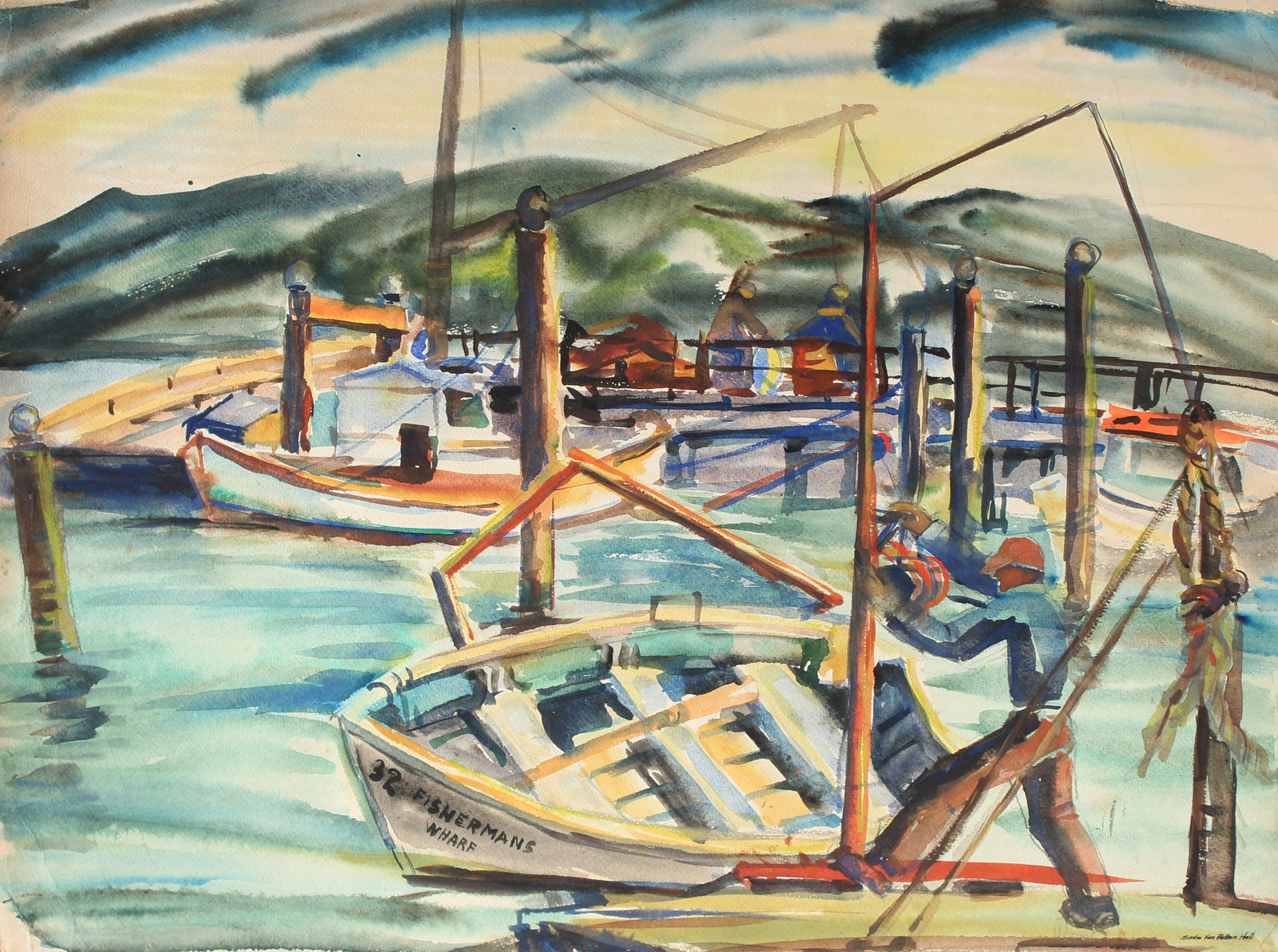 San Francisco Fisherman's Wharf<br>Mid Century Watercolor<br><br>#88071