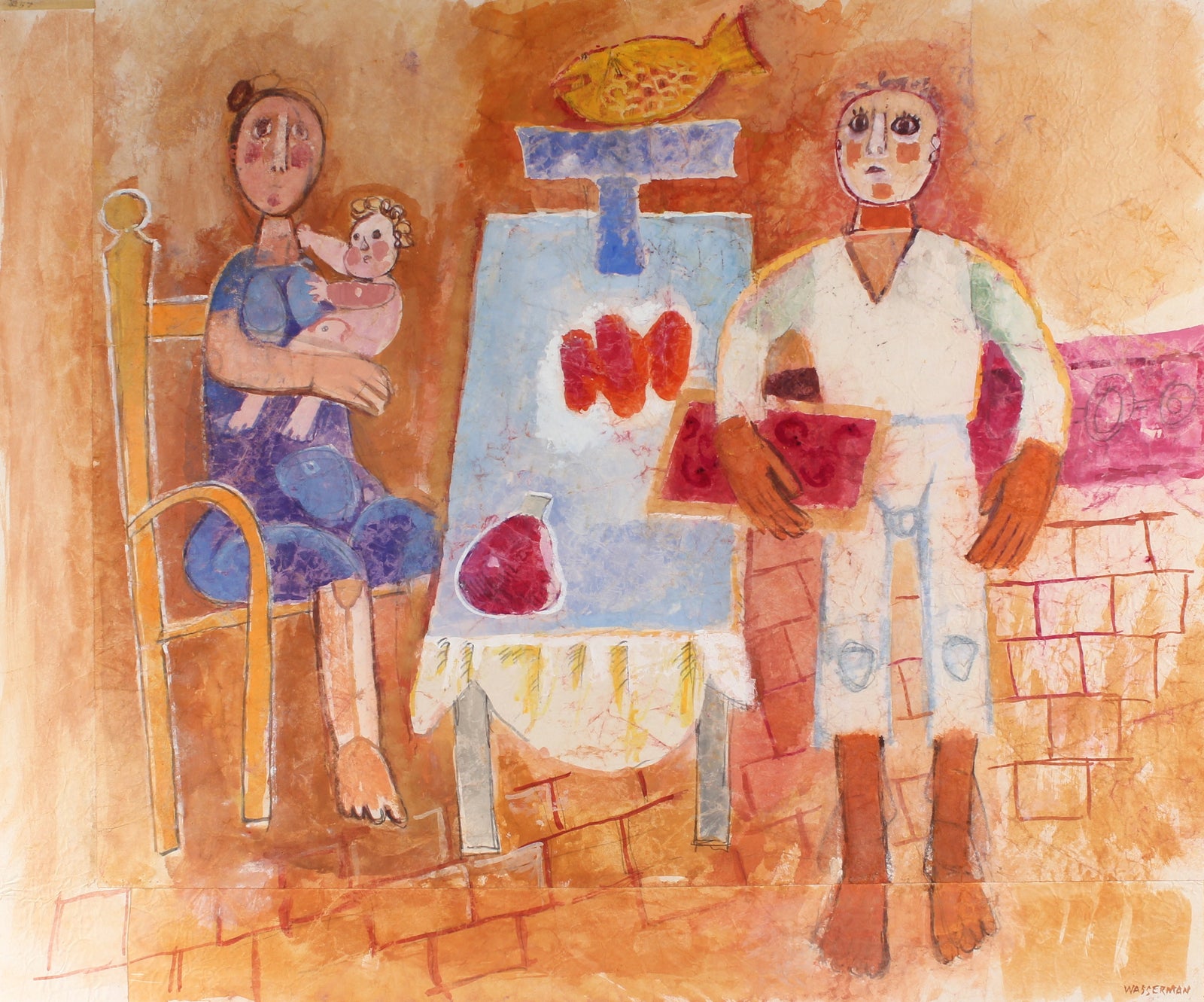 Dinner Scene with Family & Child<br>Mid-Late 20th Century Gouache<br><br>#88212