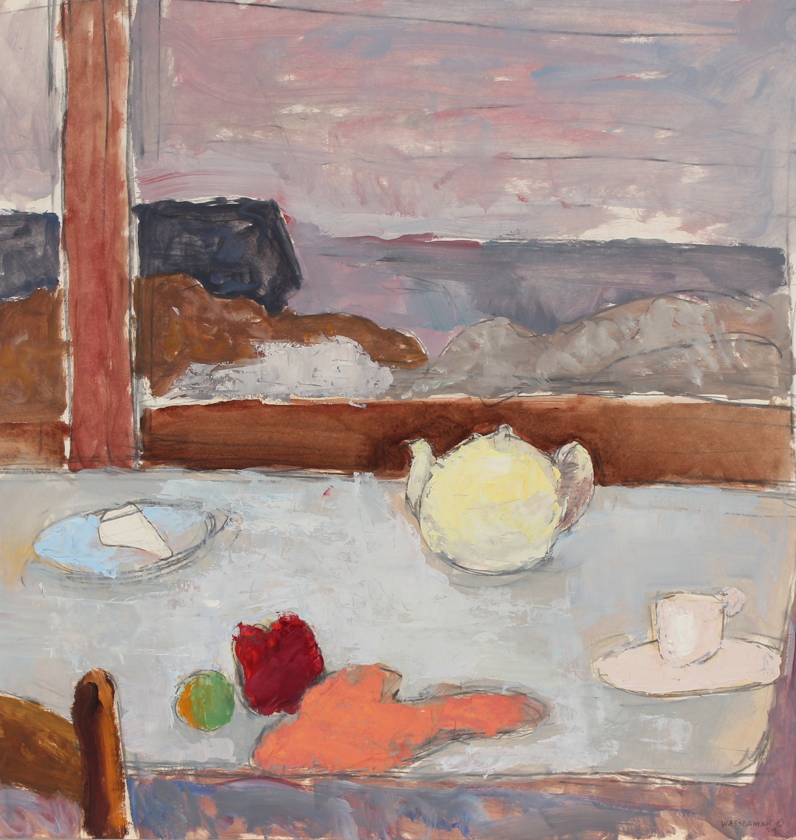 Window Sill & Tea Pot Still Life<br>1970s Oil on Paper<br><br>#89538