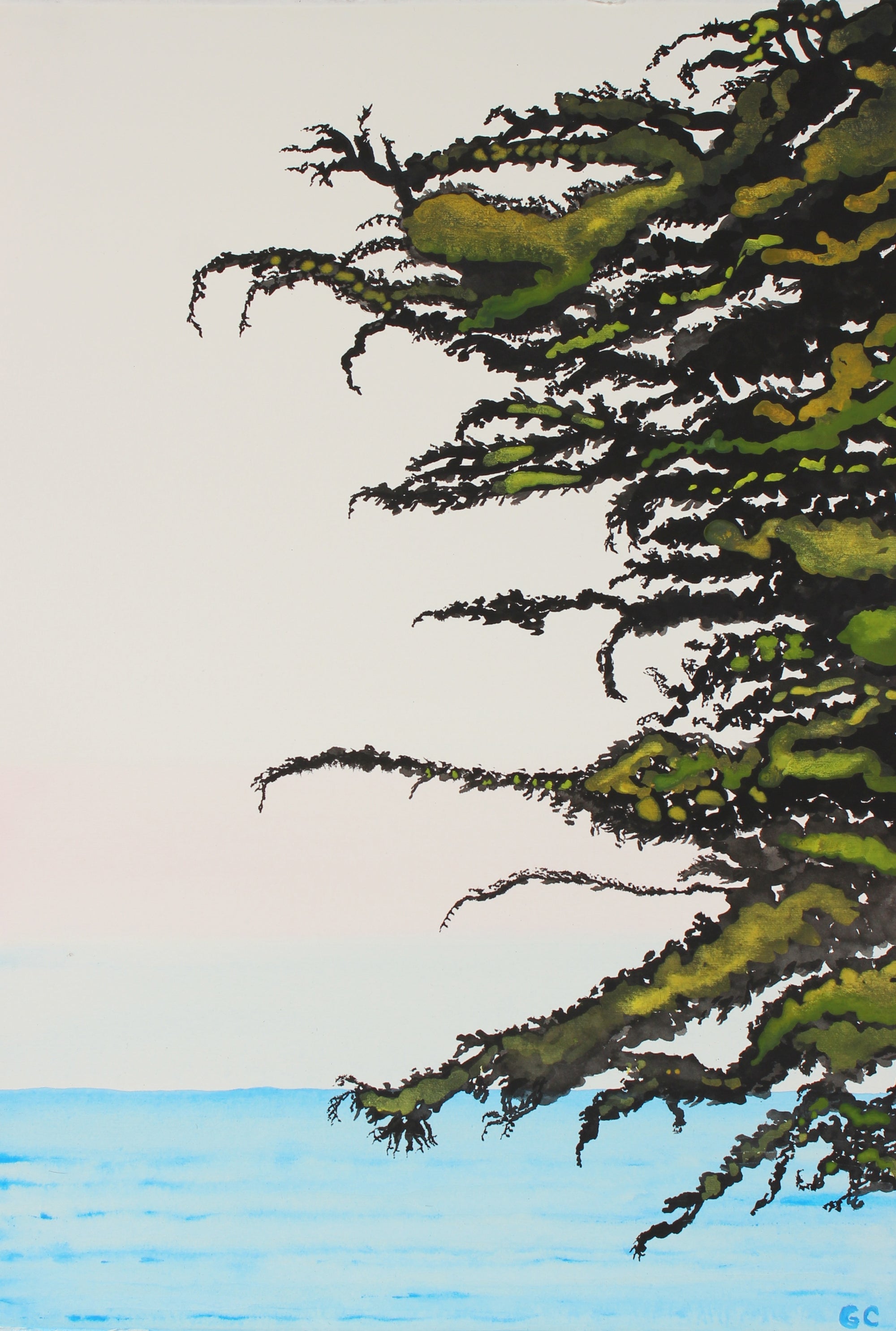 <i>Pacific Cypress Sunrise</i><br>2016 India Ink, Watercolor & Gouache<br><br>#90462