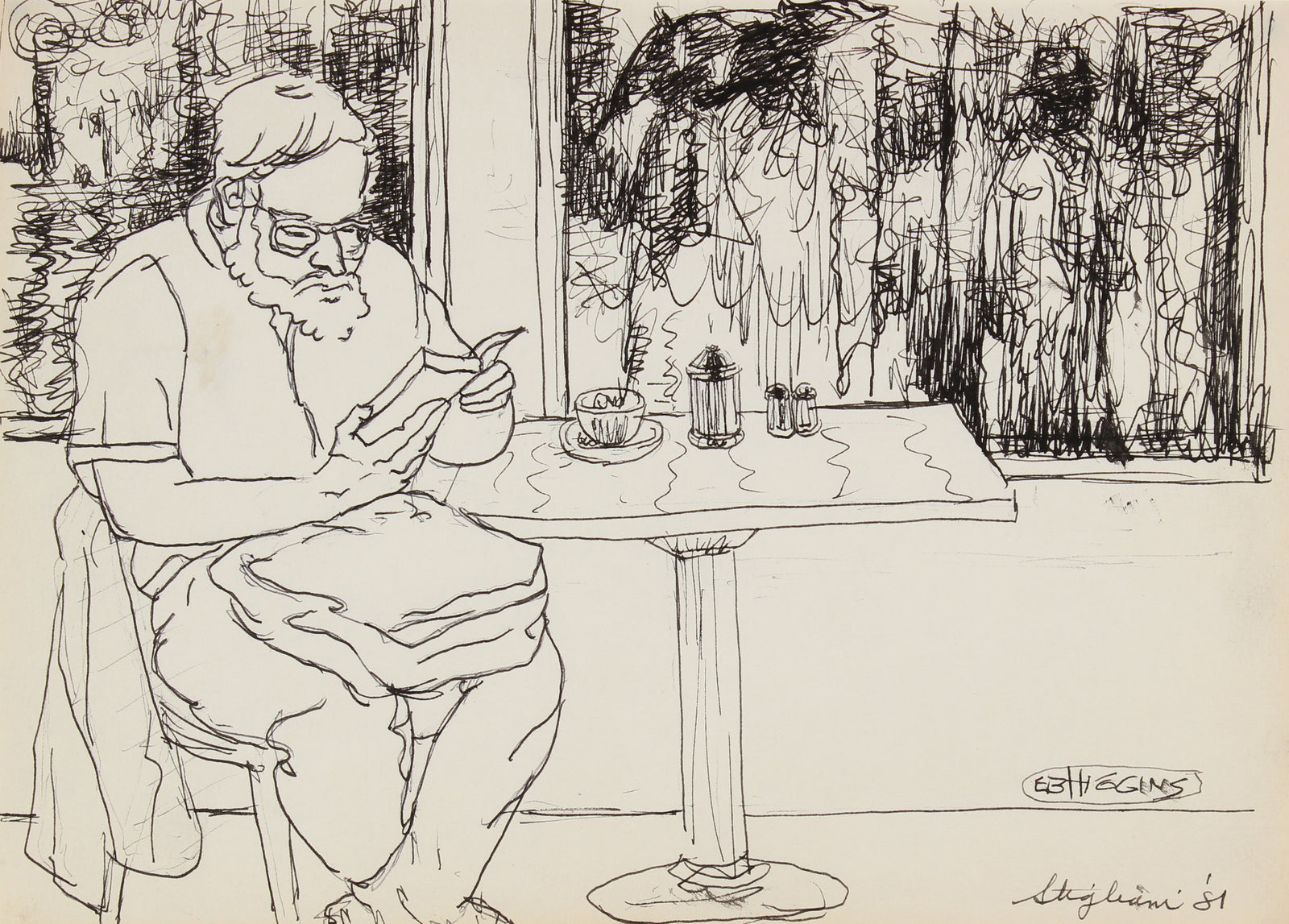 Monochromatic Cafe Scene<br>1981 Ink<br><br>#90723