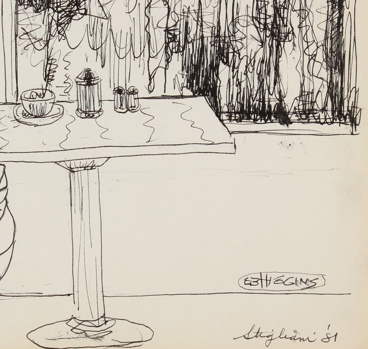 Monochromatic Cafe Scene<br>1981 Ink<br><br>#90723
