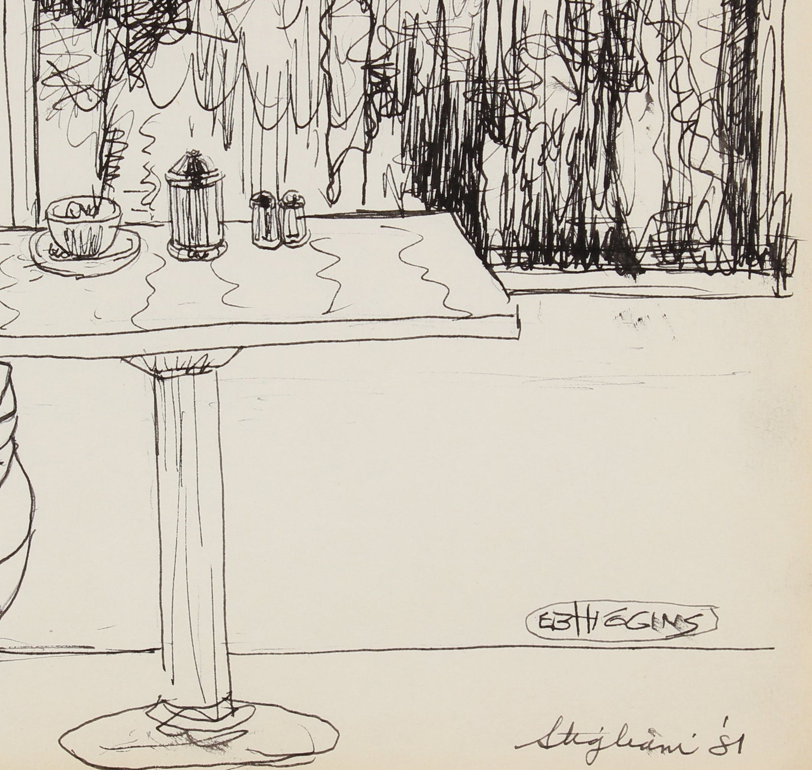 Monochromatic Cafe Scene<br>1981 Ink<br><br>#90723