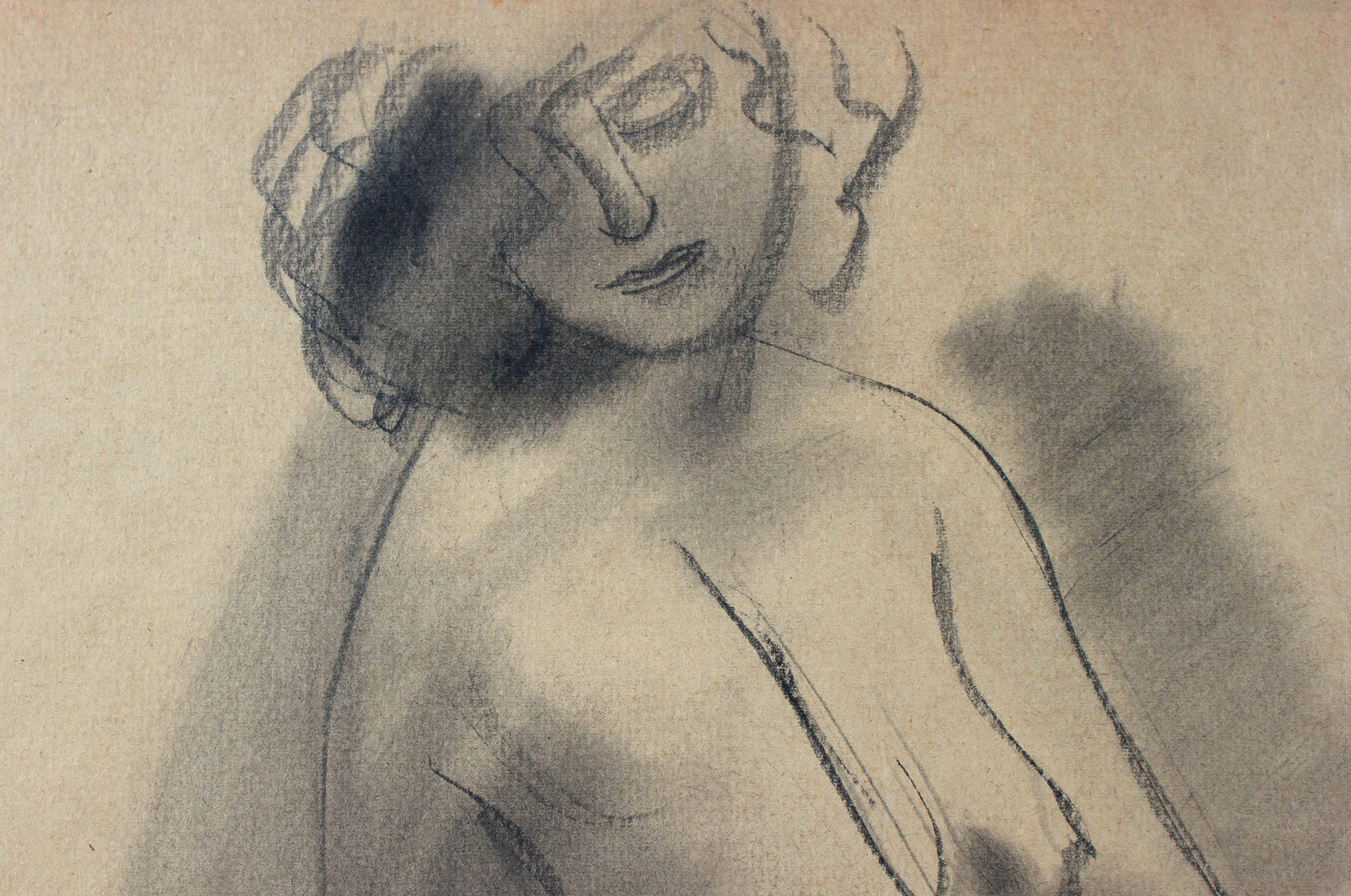 Cross-Legged Female Nude<br>Early-Mid Century Charcoal Drawing<br><br>#90744