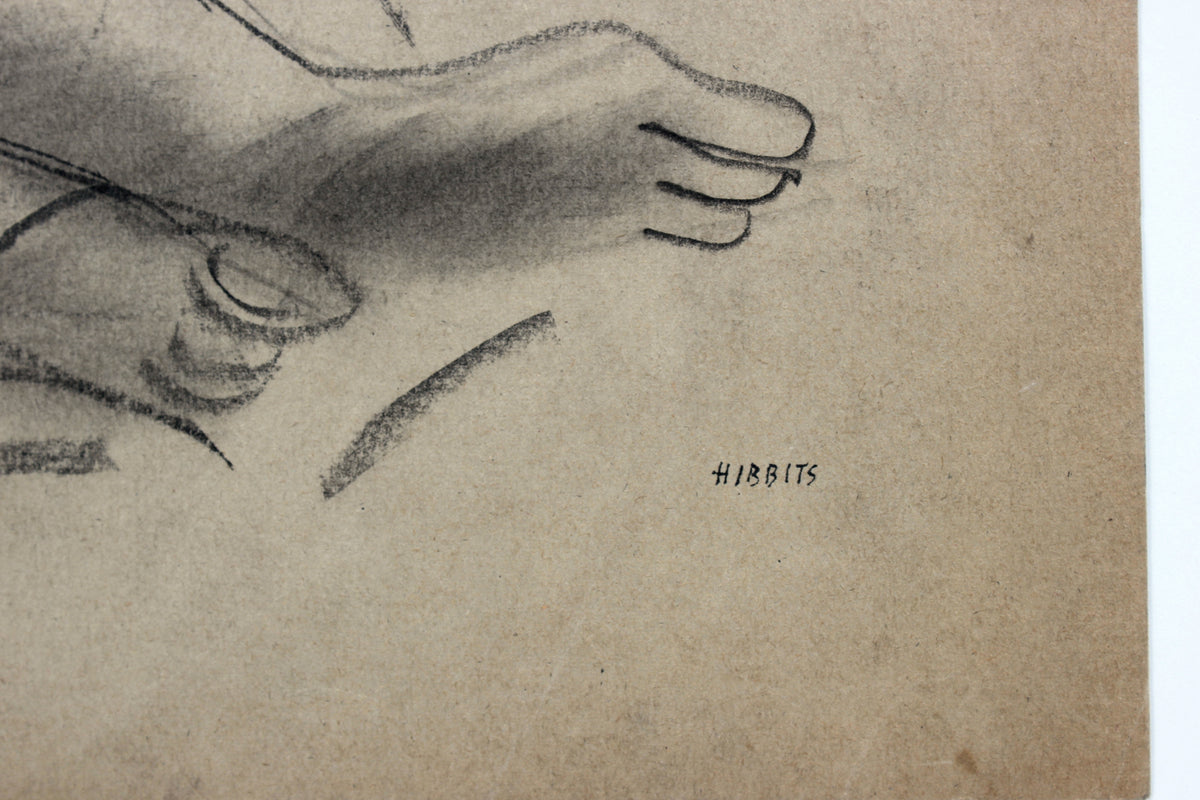 Cross-Legged Female Nude<br>Early-Mid Century Charcoal Drawing<br><br>#90744