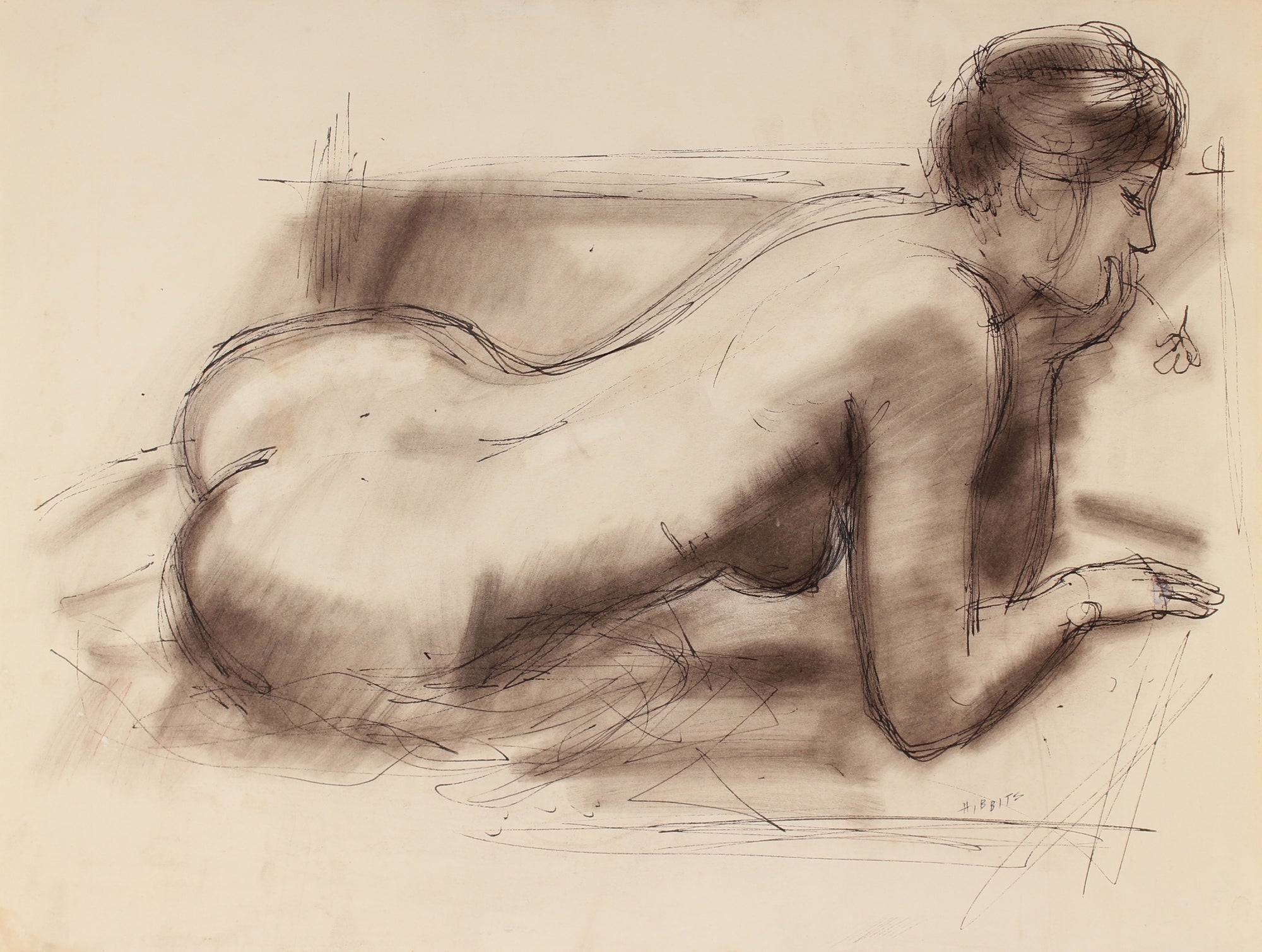Coy Reclining Female Nude<br>Early-Mid Century Charcoal & Ink<br><br>#90752