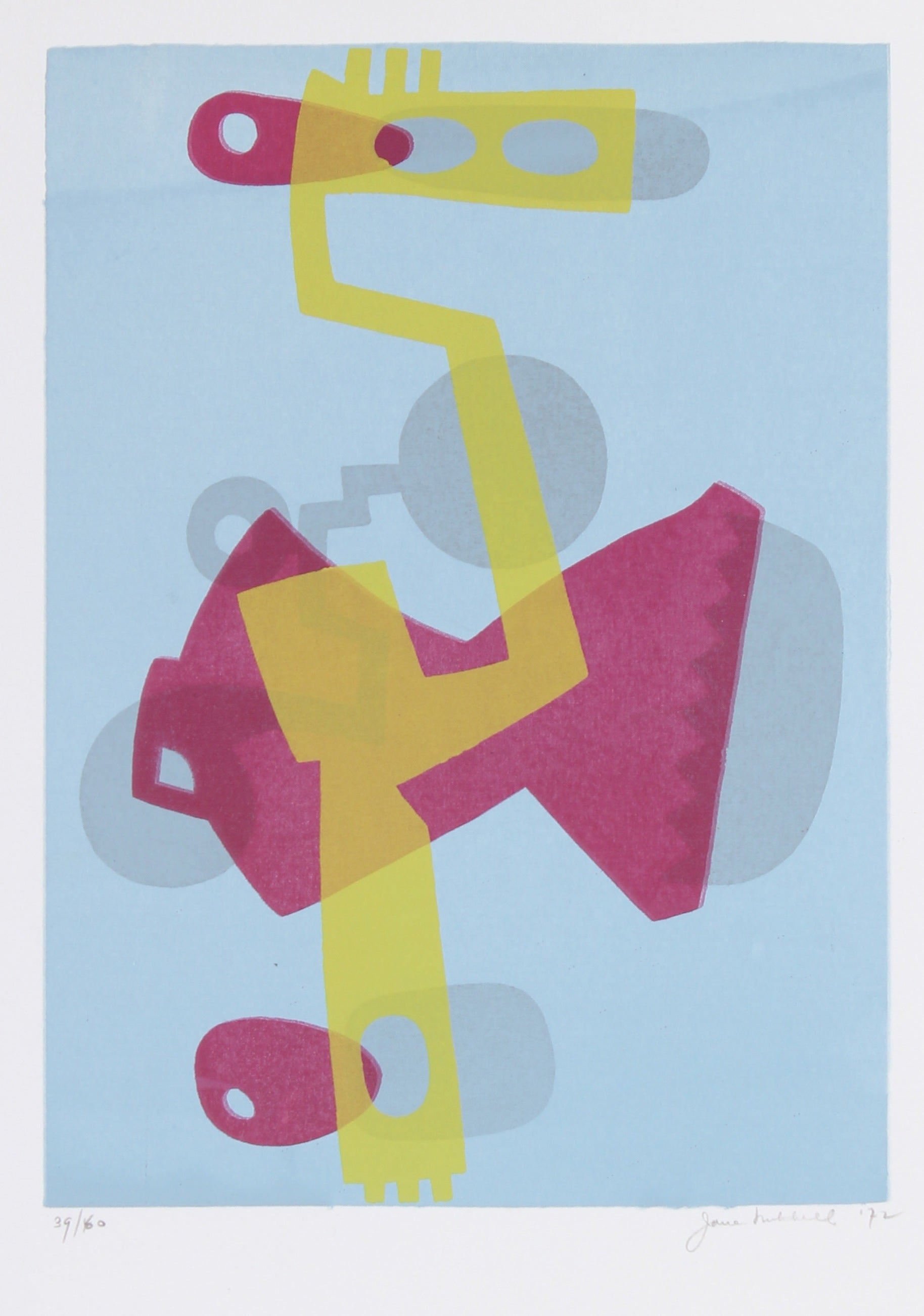 Complementary Pink & Yellow Mechanical Abstract <br>1972 Serigraph <br><br>#91504