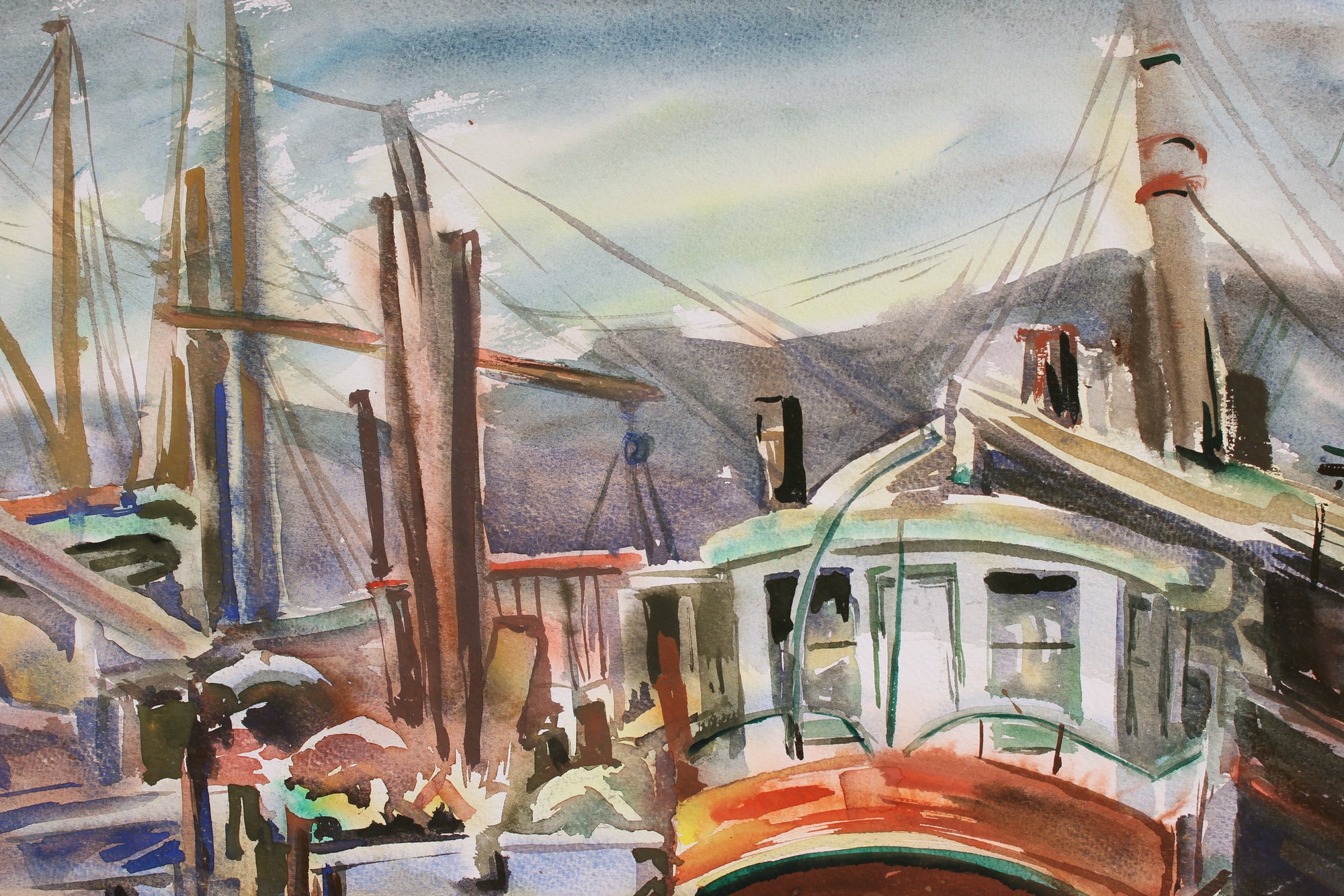 Boats at Harbor<br>1960s Watercolor<br><br>#92590