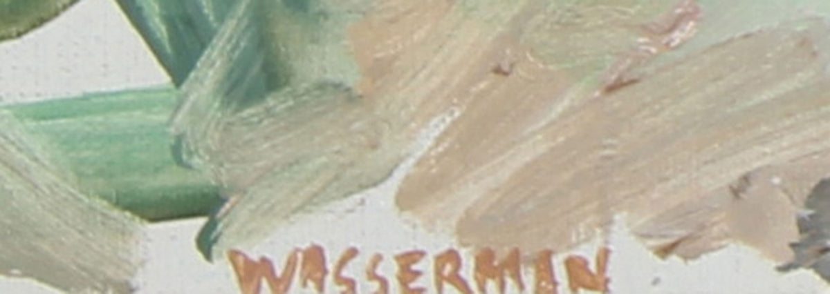 Abstracted Coastal European Village Scene<br>1950s Oil<br><br>#92886