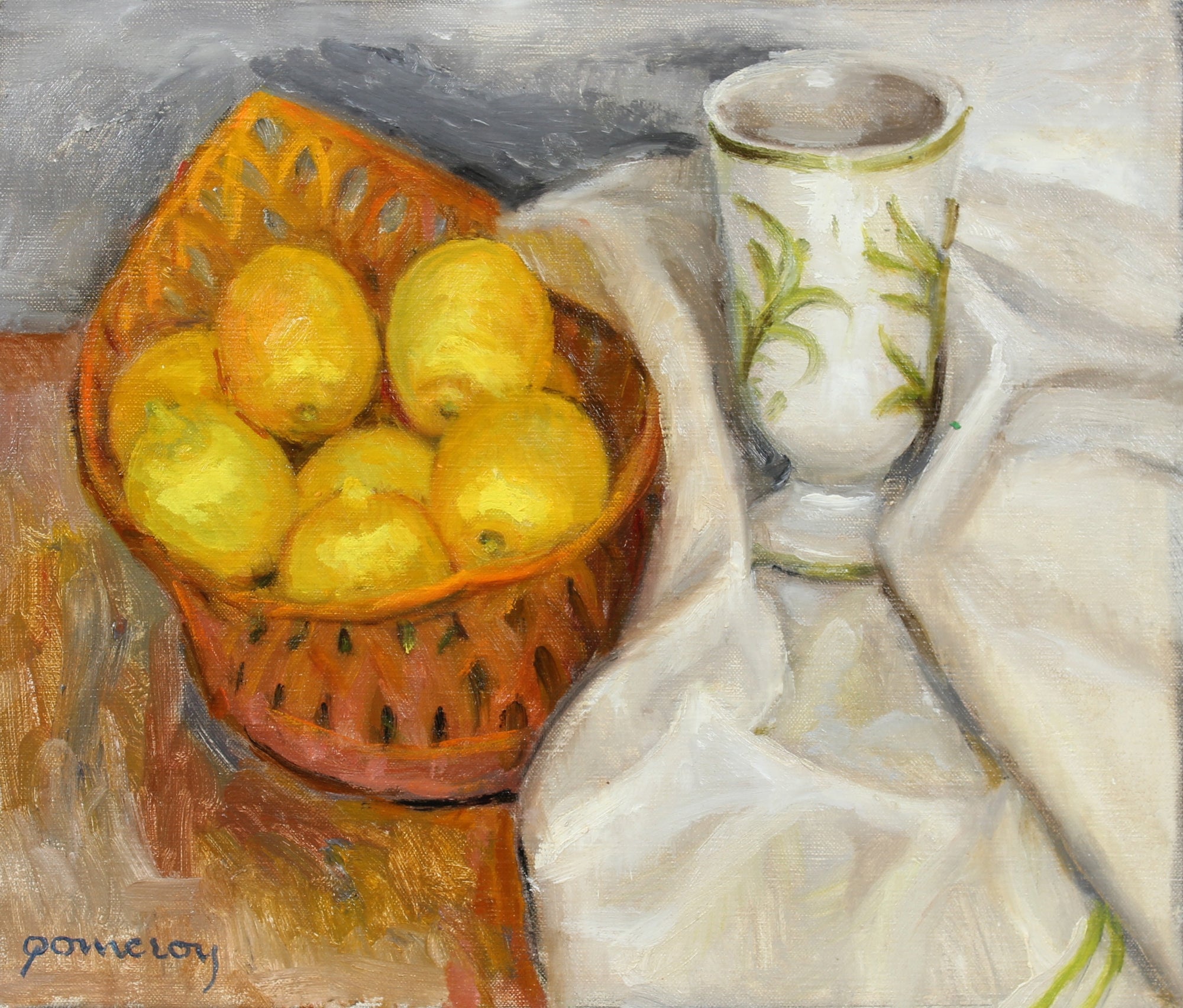 Still Life with Lemons & Fabric<br>Mid - Late 20th Century Oil<br><br>#93518