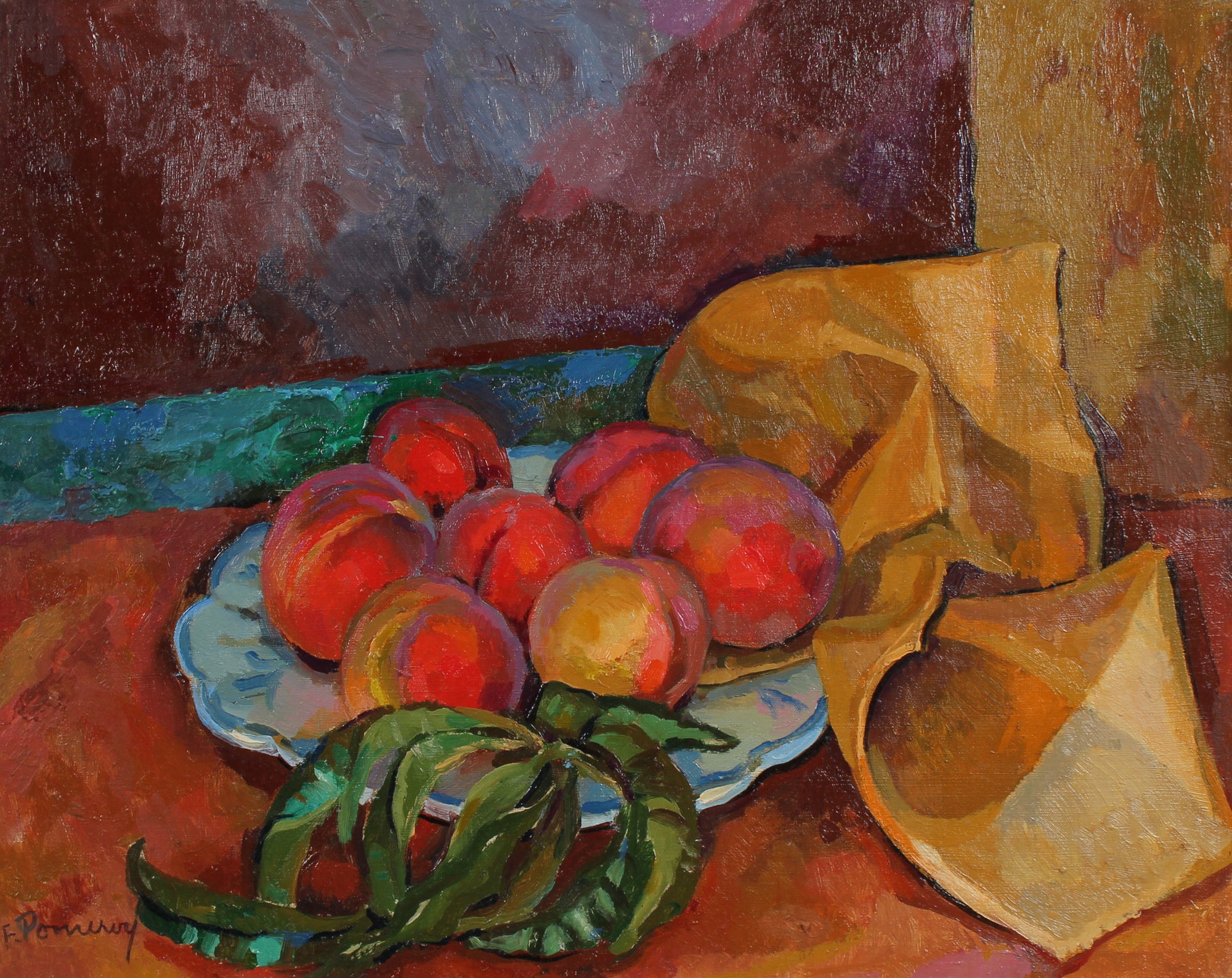 Peaches in Bowl Still Life <br>Mid-Late 20th Century Oil <br><br>#95609