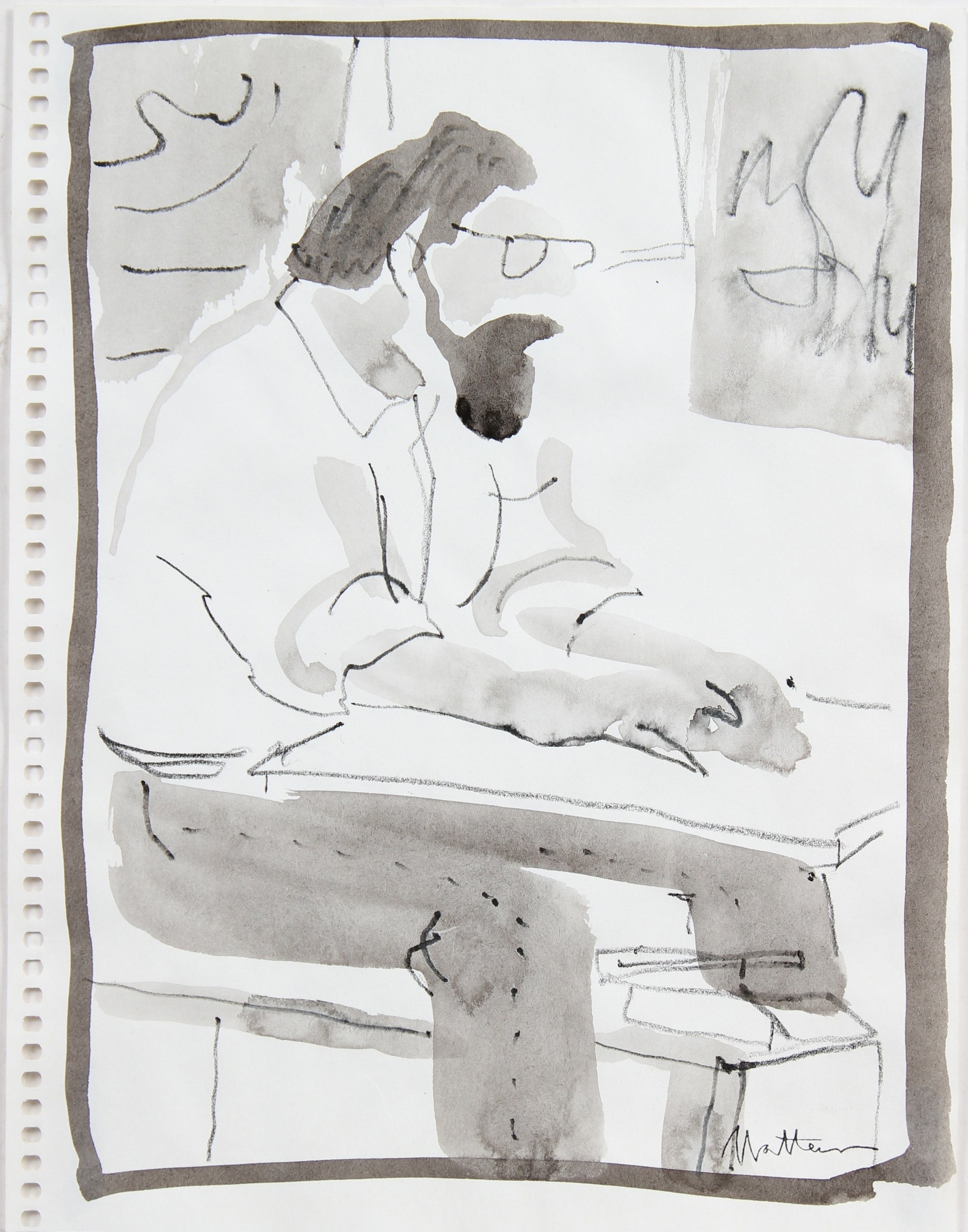 Artist in the Studio <br>20th Century Ink Wash & Colored Pencil <br><br>#96558