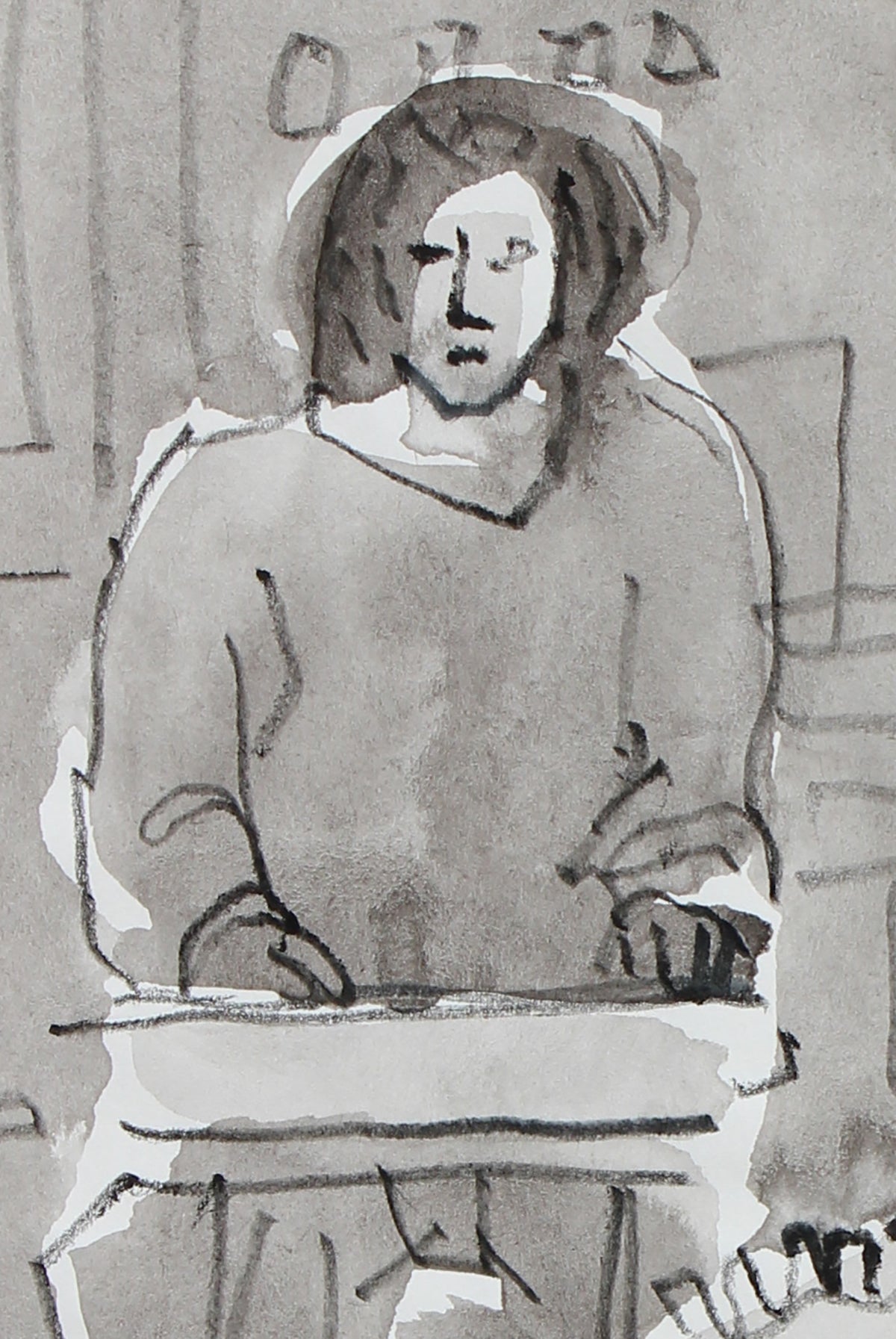 Nude Model & Student <br>20th Century Ink Wash & Colored Pencil <br><br>#96677