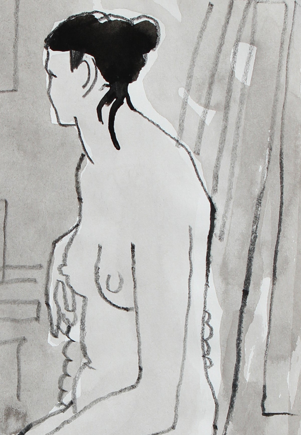 Nude Model & Student <br>20th Century Ink Wash & Colored Pencil <br><br>#96677