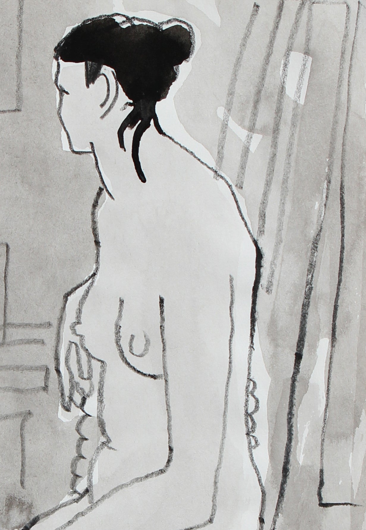 Nude Model & Student <br>20th Century Ink Wash & Colored Pencil <br><br>#96677