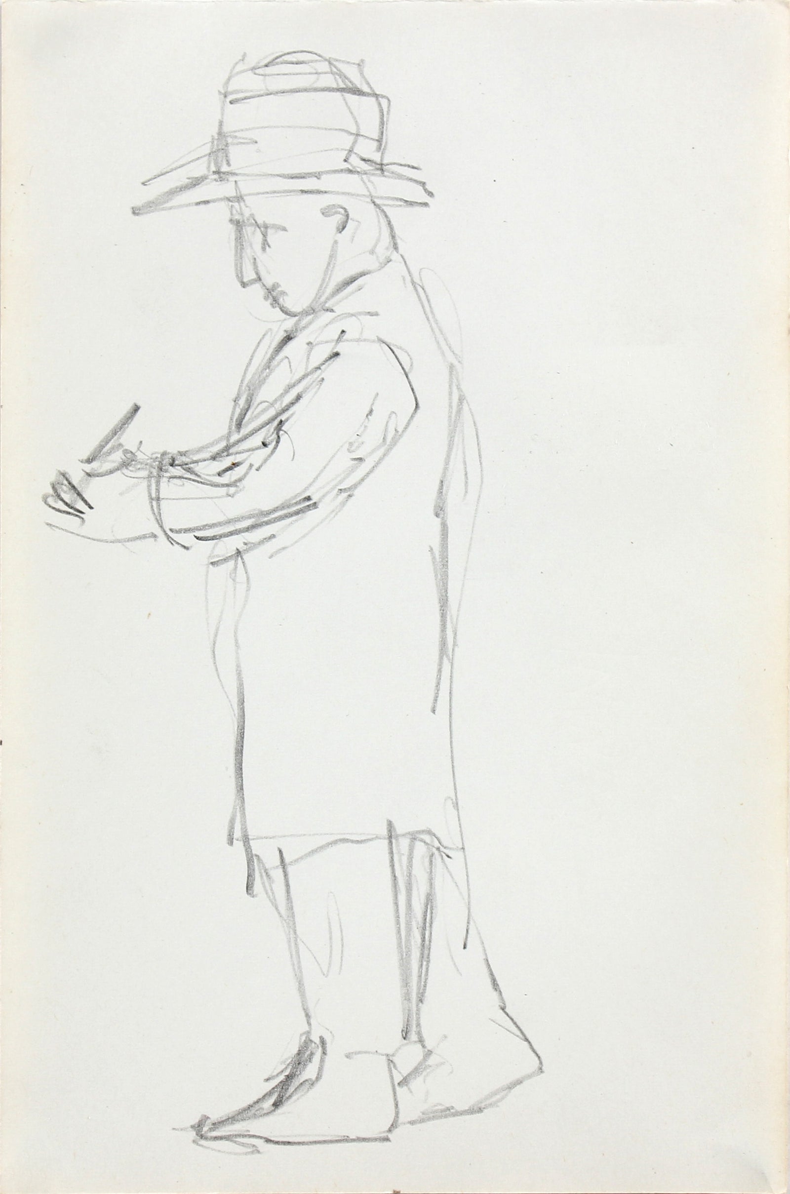 Mid Century Man in Trench Coat & Hat <br>1963 Graphite <br><br>#96735