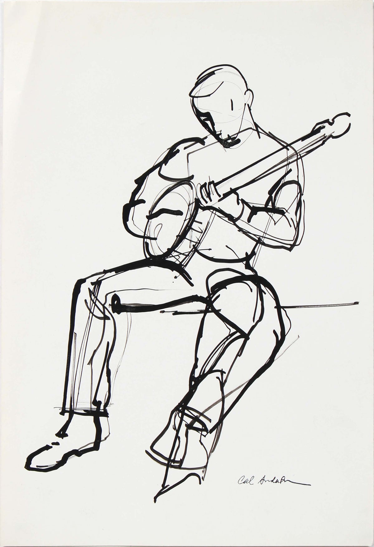 Figural Study of Musician<br>Mid 20th Century Ink on Paper<br><br>#97510