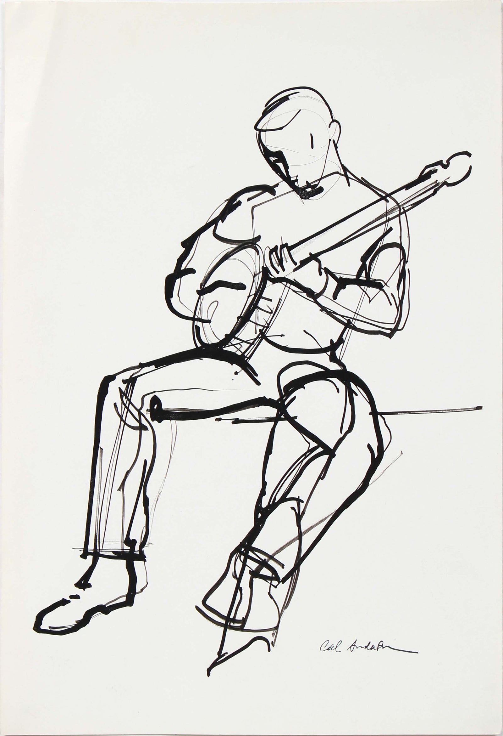 Figural Study of Musician<br>Mid 20th Century Ink on Paper<br><br>#97510