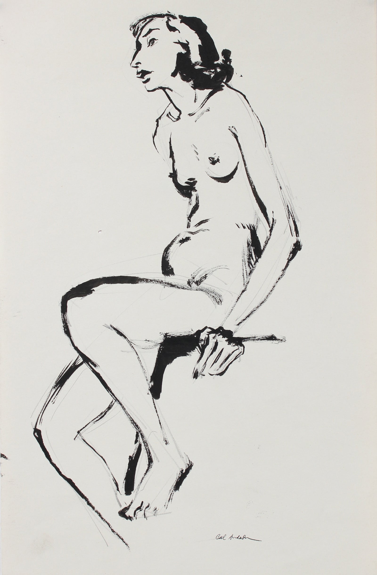 Seated Modernist Female Nude <br>Mid 20th Century Ink <br><br>#97515