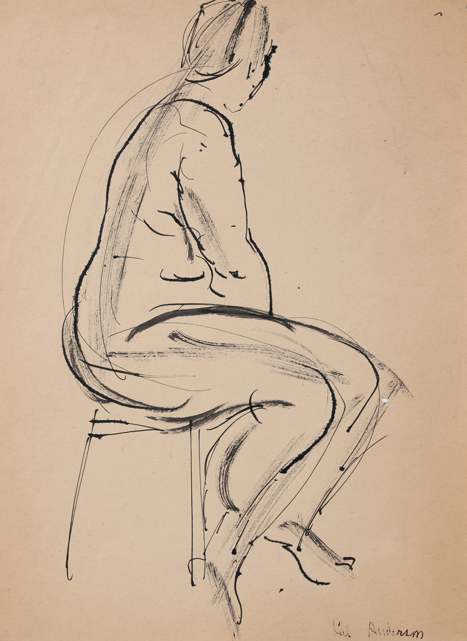 Modernist Figure Model Drawing <br>Mid 20th Century Ink <br><br>#97517