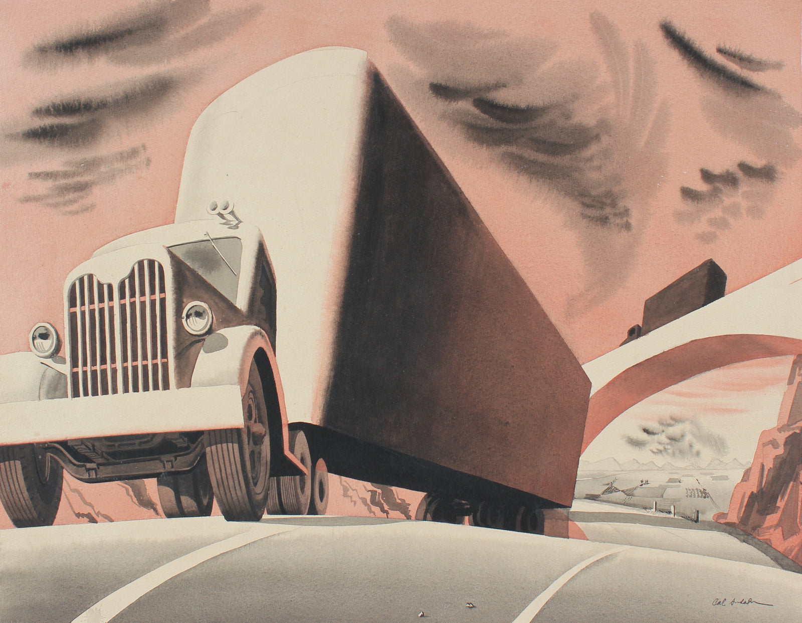 Truck Landscape <br>Mid Century Ink & Watercolor <br><br>#97569