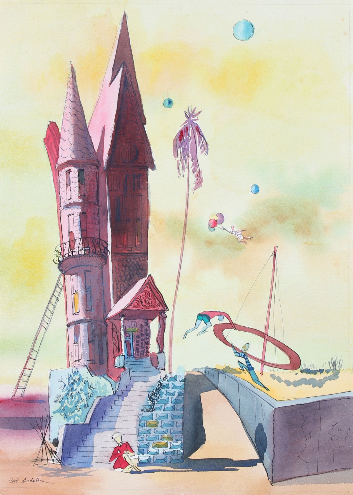 Colorful Surrealist Scene&lt;br&gt;Mid 20th Century Watercolor and Ink&lt;br&gt;&lt;br&gt;#97571