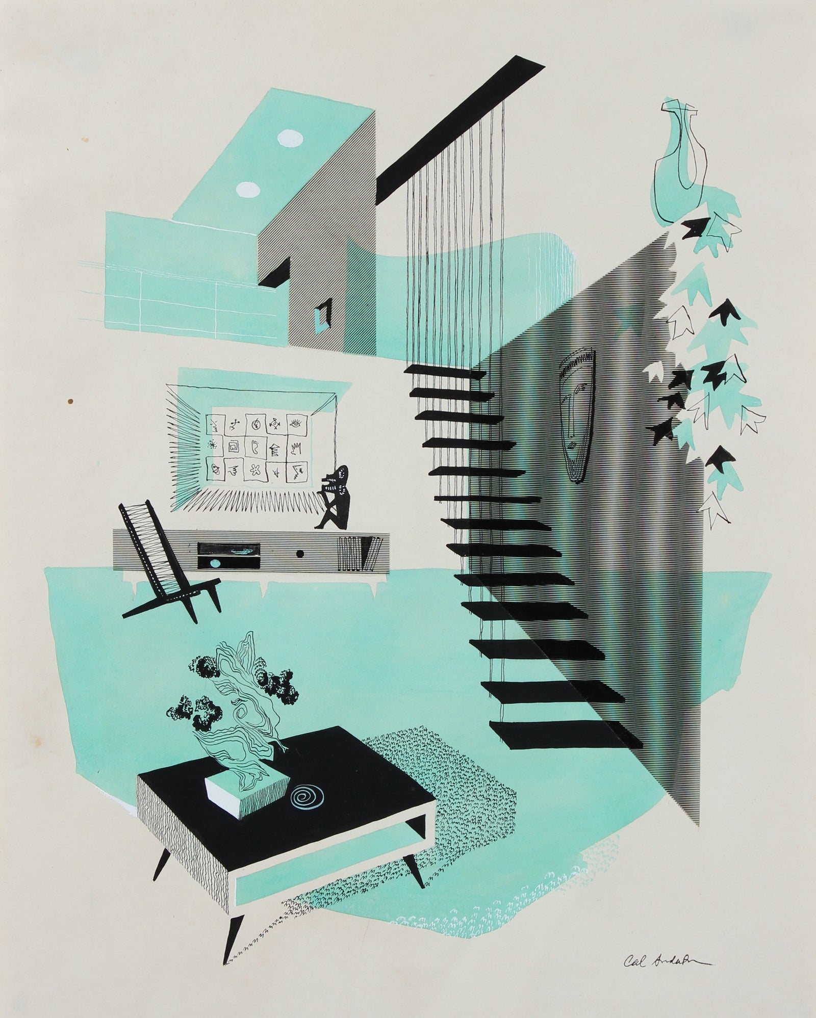 Mid Century Modern Home Interior Scene<br>Ink & Gouache<br><br>#97579