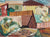 Geometric Backyard City Scene <br>1946 Gouache<br><br>#97594