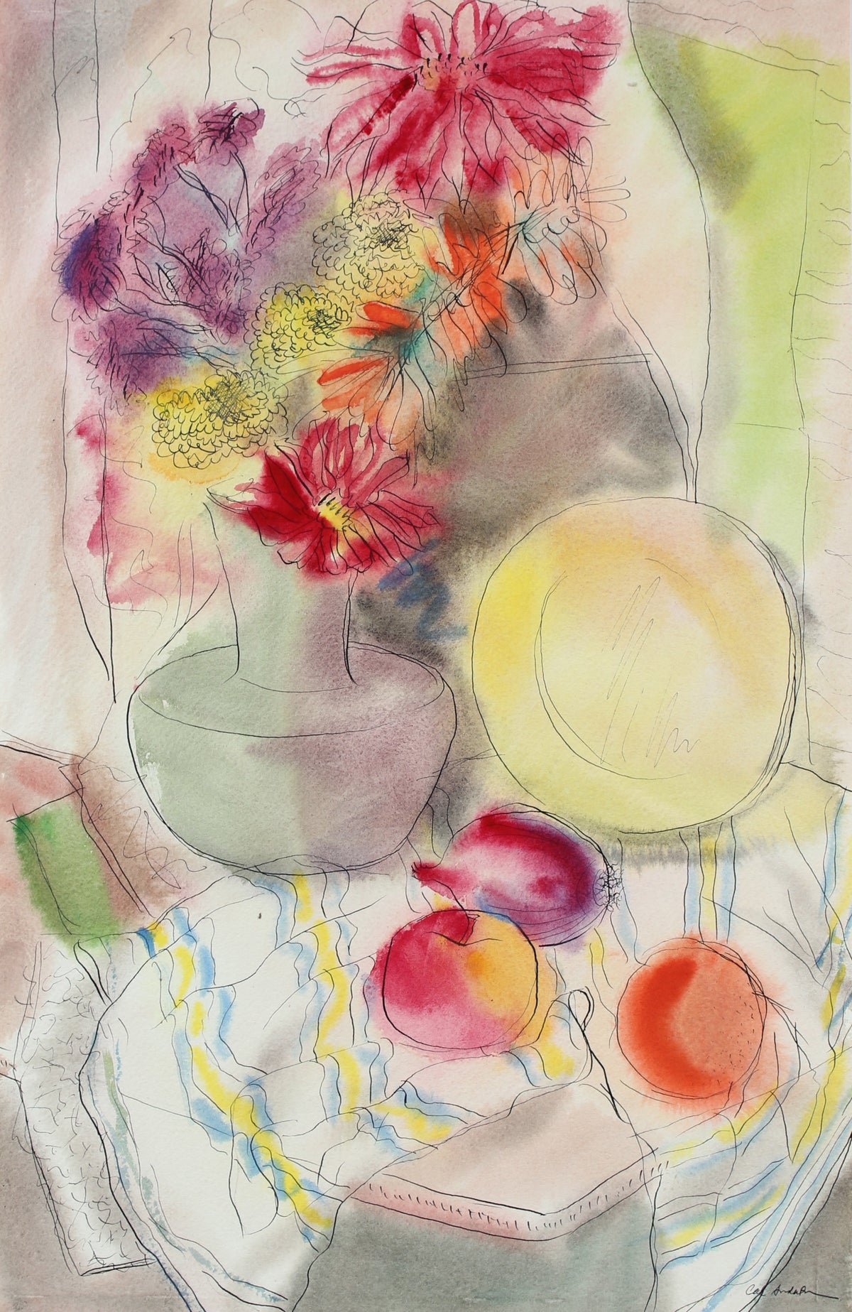 Watercolor Still Life With Fruit And Flowers&lt;br&gt;&lt;br&gt;#97610