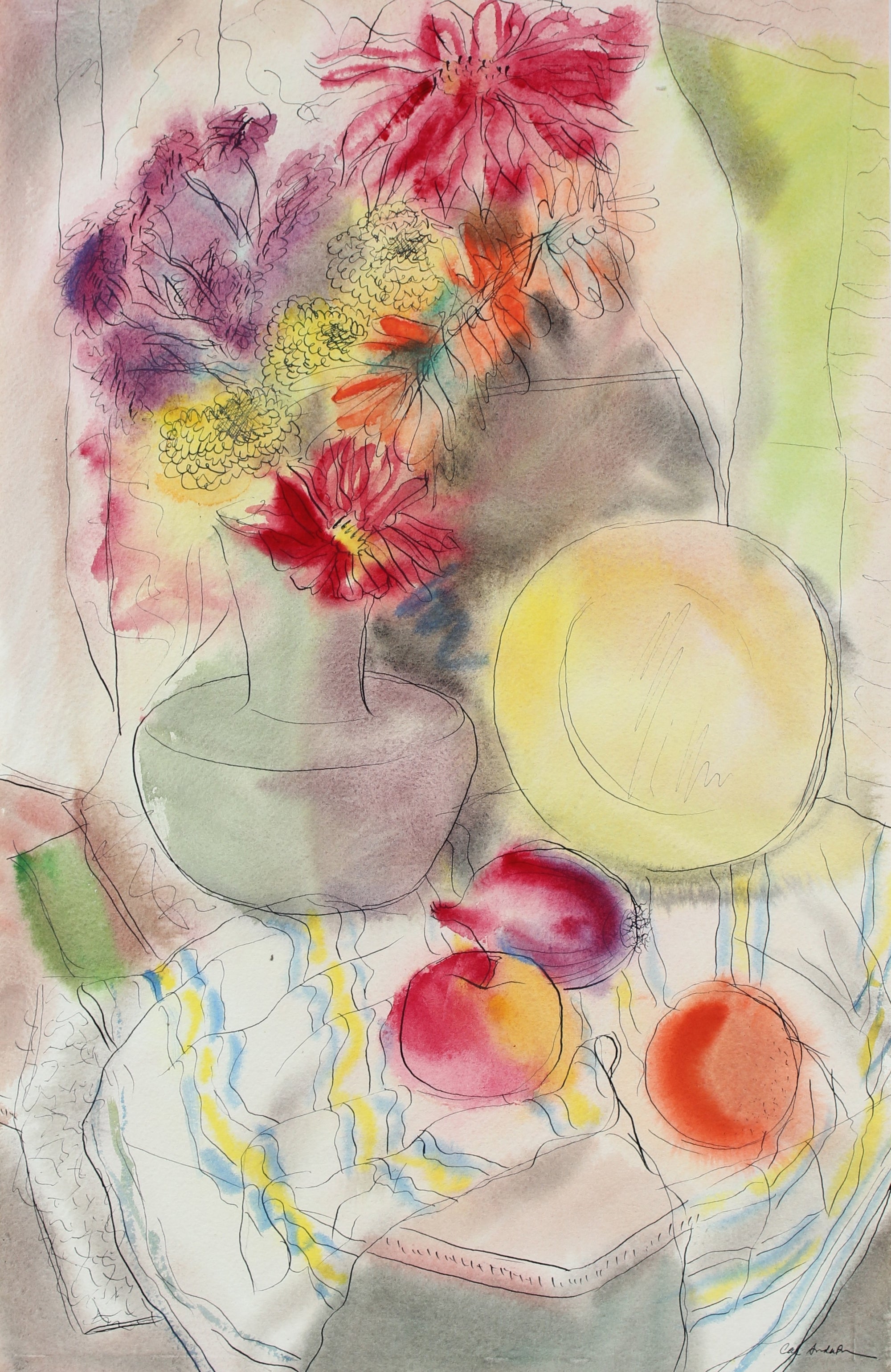 Watercolor Still Life With Fruit And Flowers<br><br>#97610