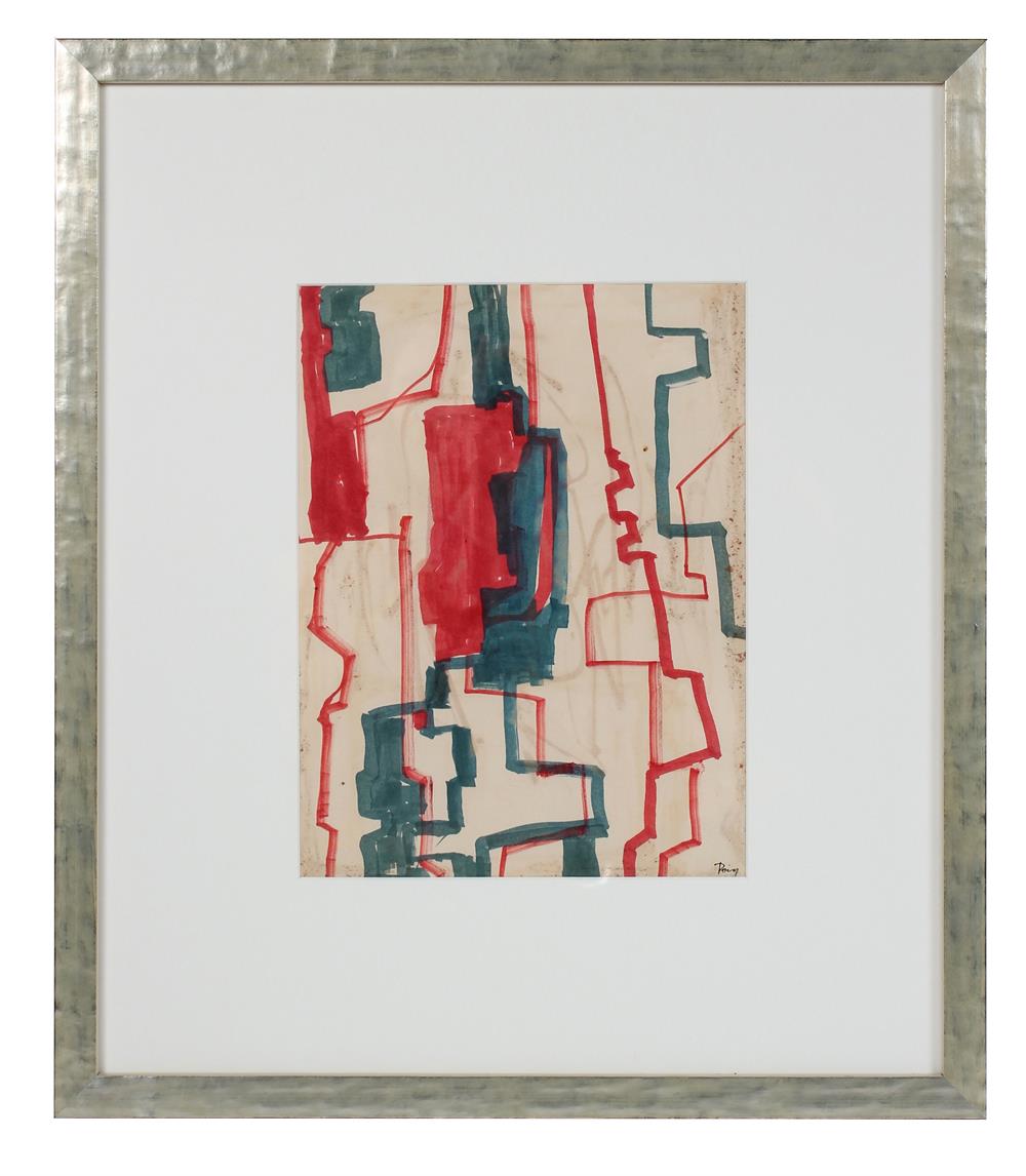 Geometric Modernist Abstract in Blue & Red<br>1960s Ink<br><br>#97722